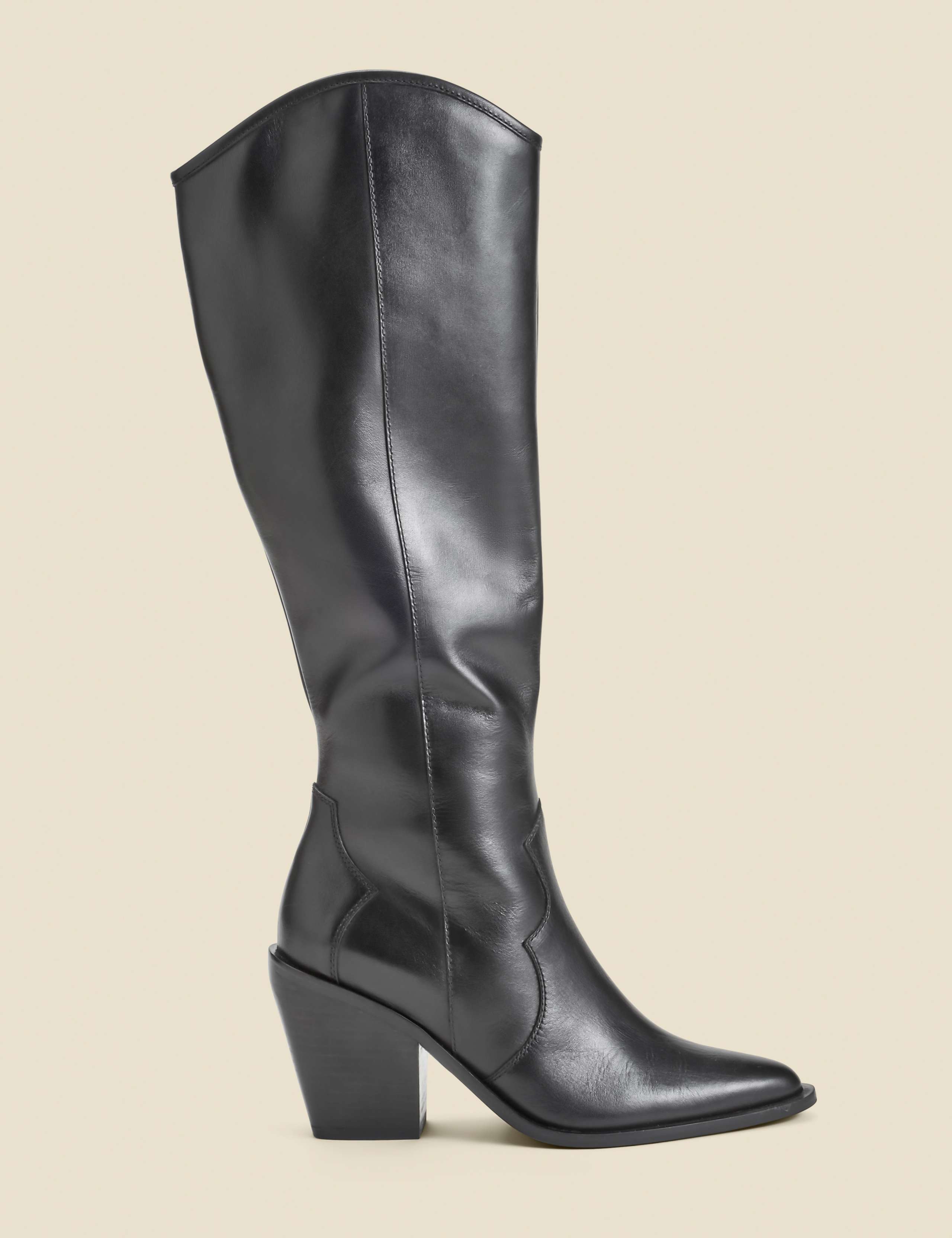 Leather Block Heel Pointed Knee High Boots 1 of 4