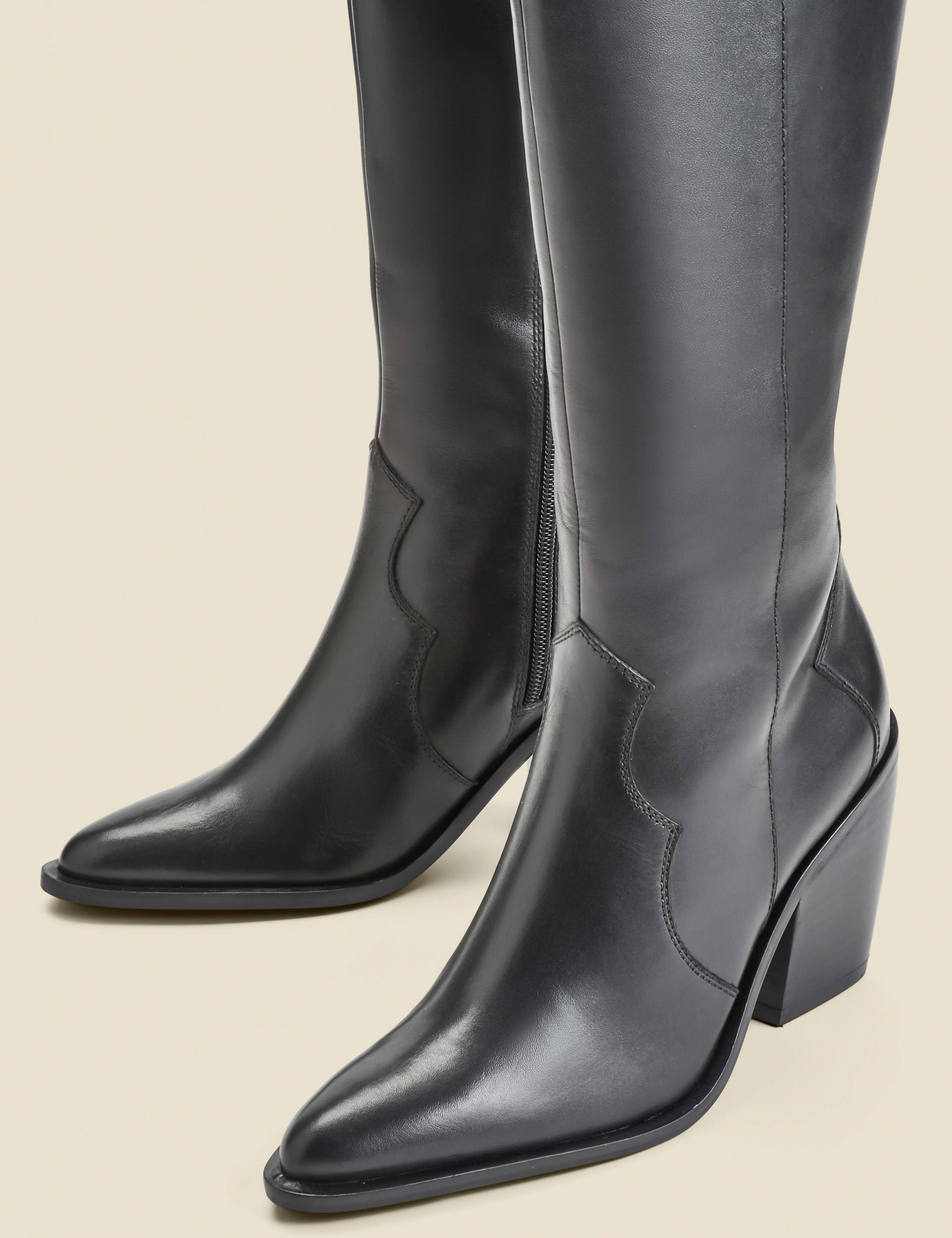 Leather Block Heel Pointed Knee High Boots 2 of 4