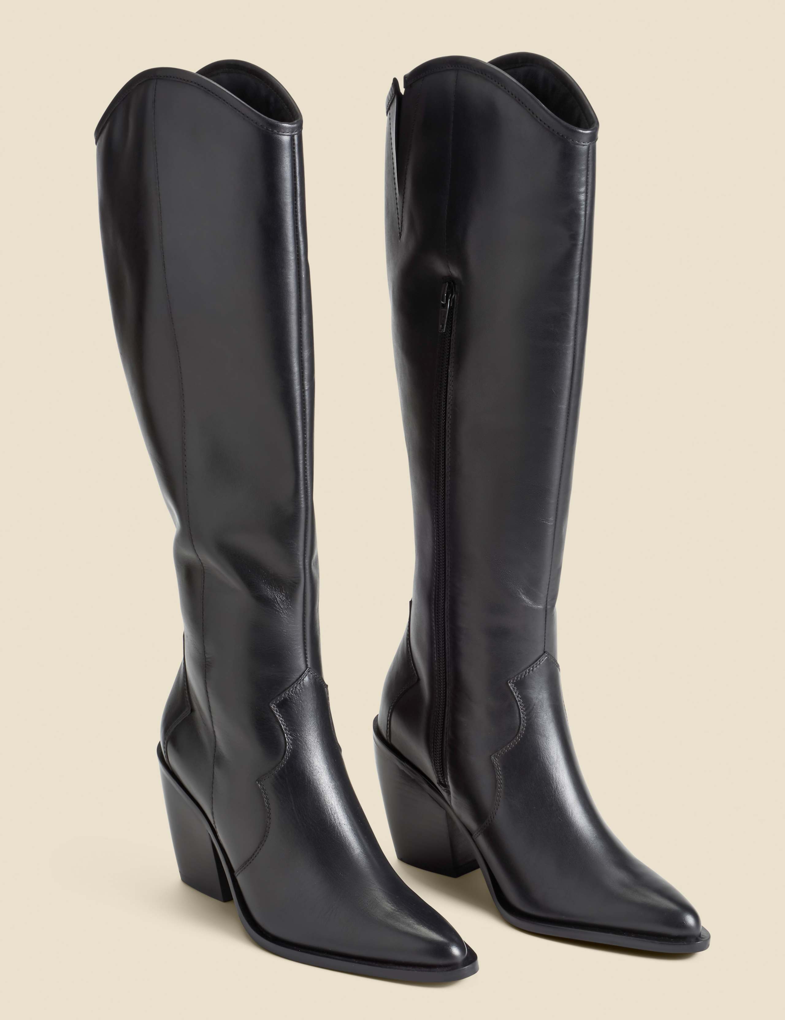 Leather Block Heel Pointed Knee High Boots 3 of 4