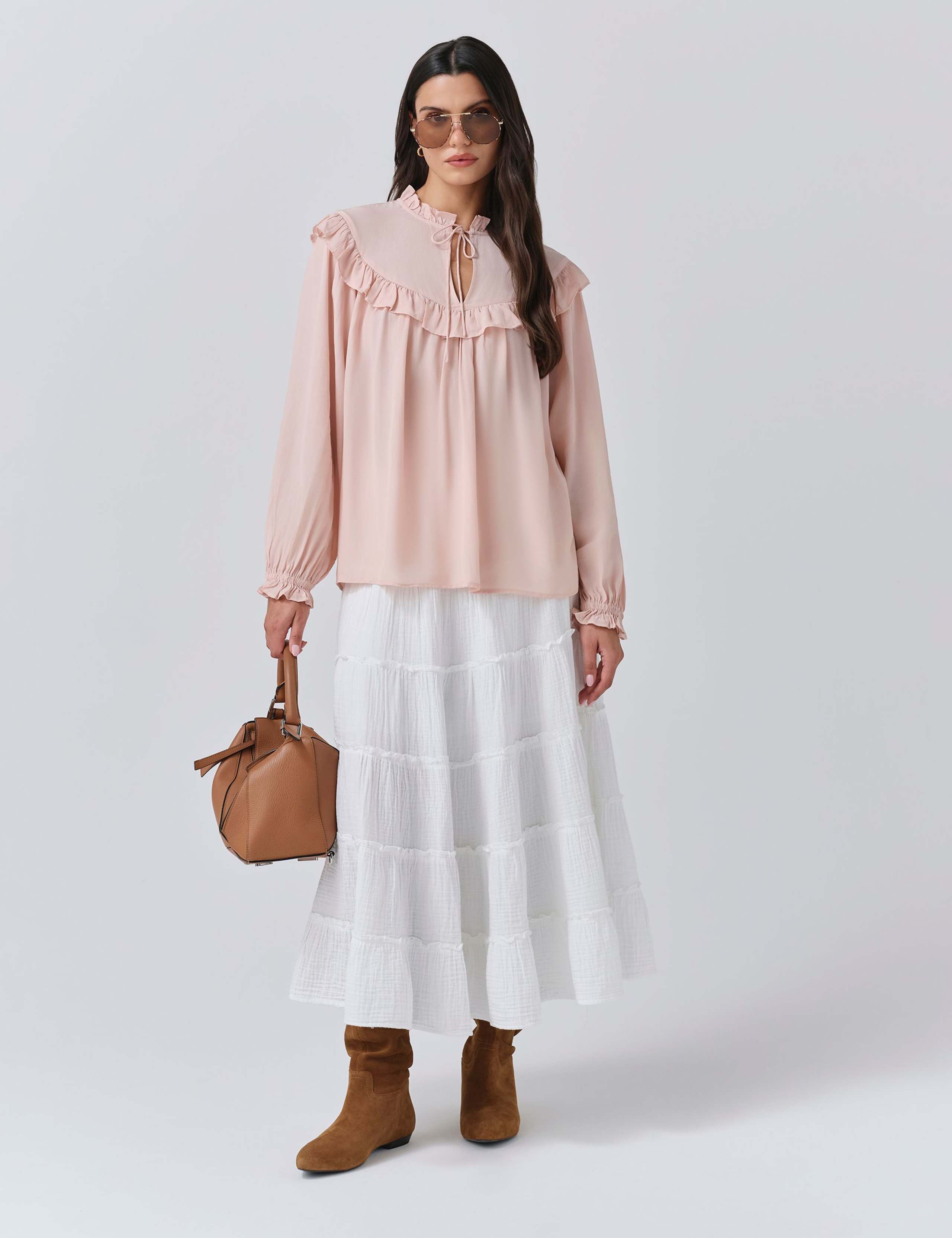 Crepe Tie Neck Ruffle Blouson Sleeve Blouse 2 of 5