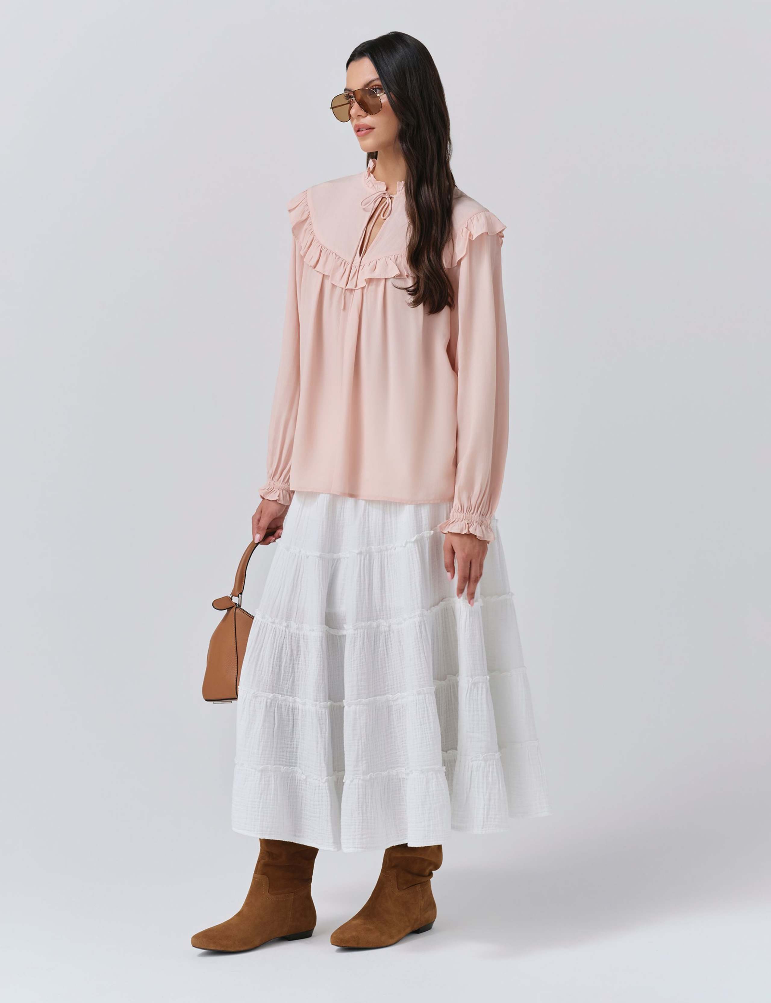 Crepe Tie Neck Ruffle Blouson Sleeve Blouse 3 of 5