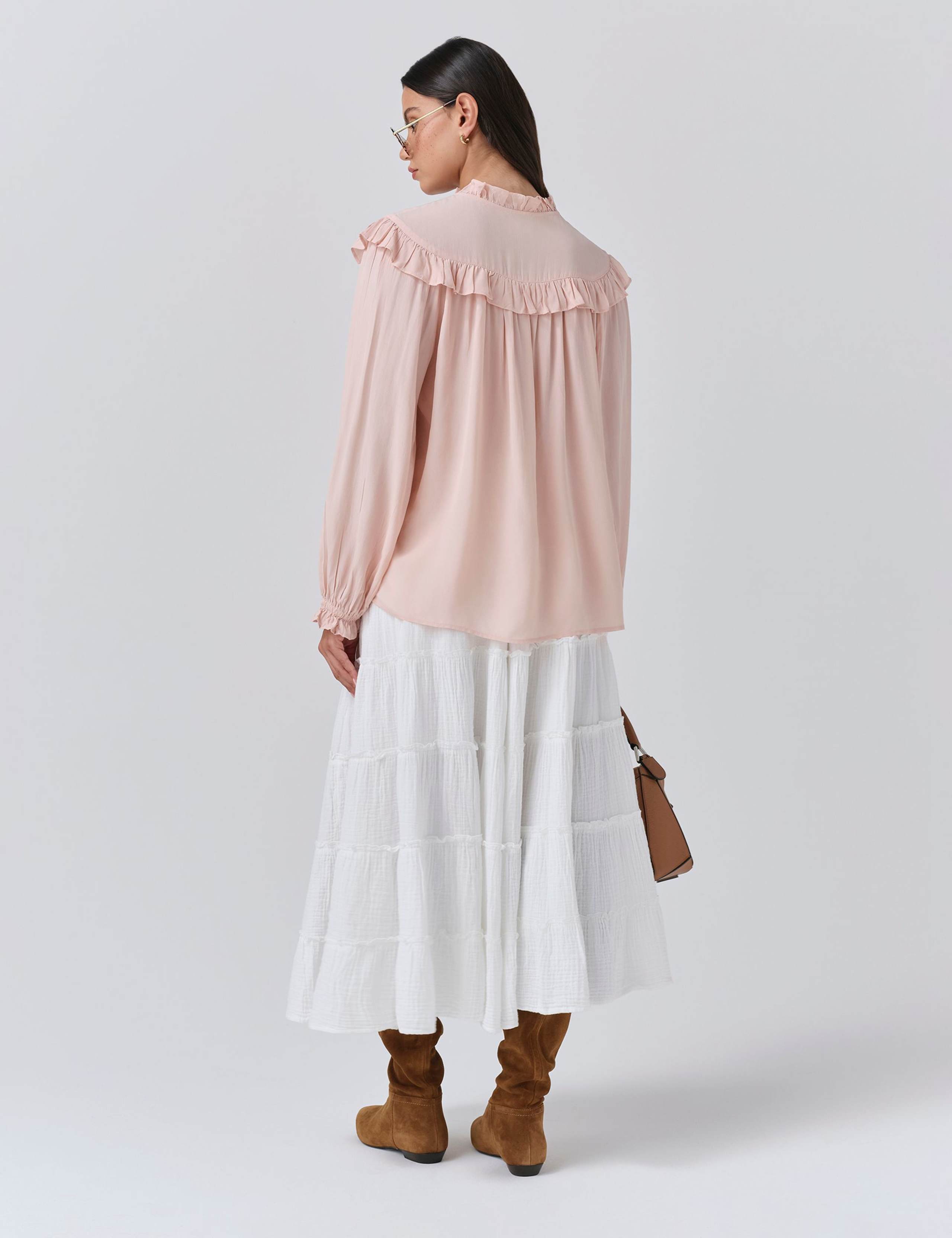Crepe Tie Neck Ruffle Blouson Sleeve Blouse 4 of 5