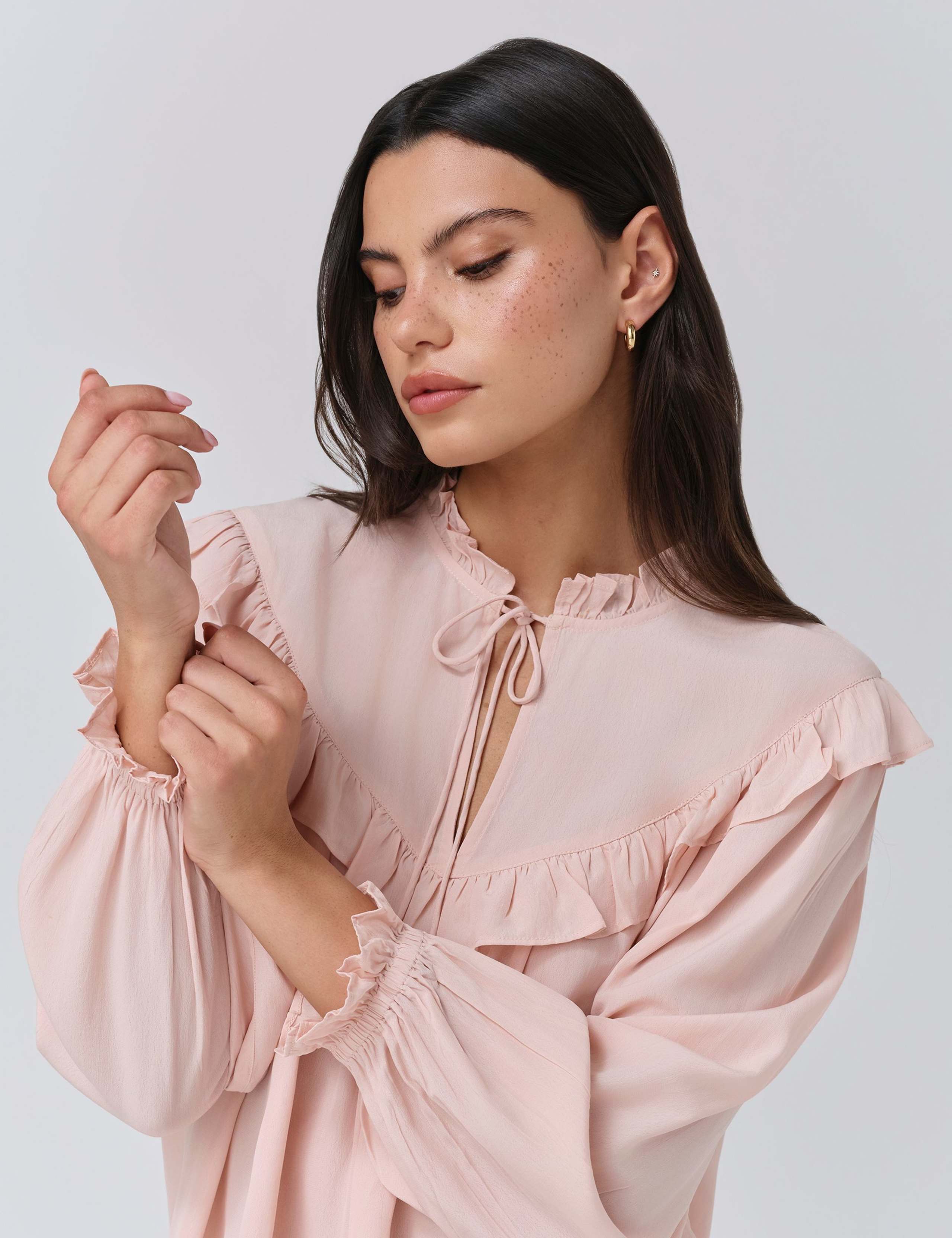Crepe Tie Neck Ruffle Blouson Sleeve Blouse 5 of 5