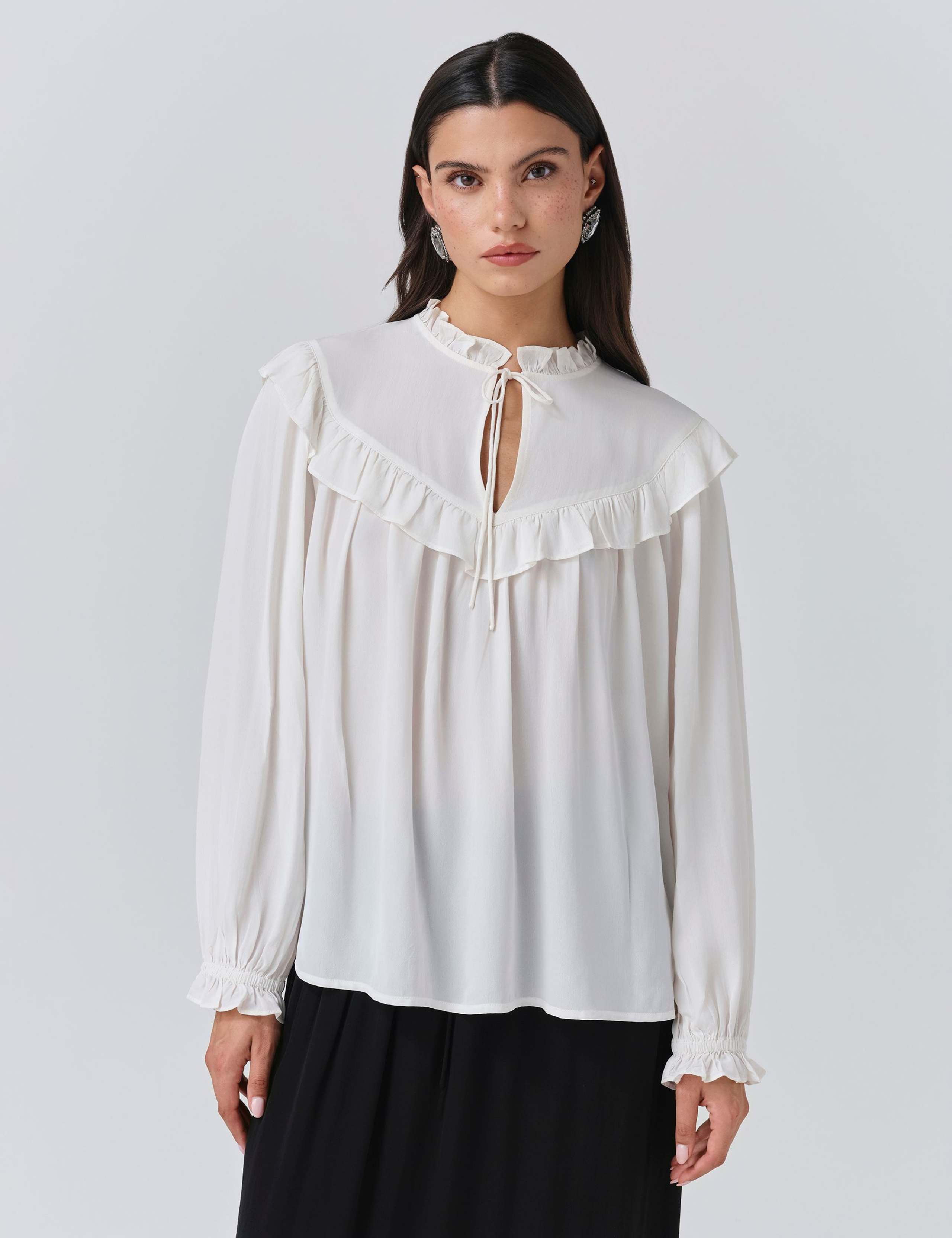 Crepe Tie Neck Ruffle Blouson Sleeve Blouse 1 of 5