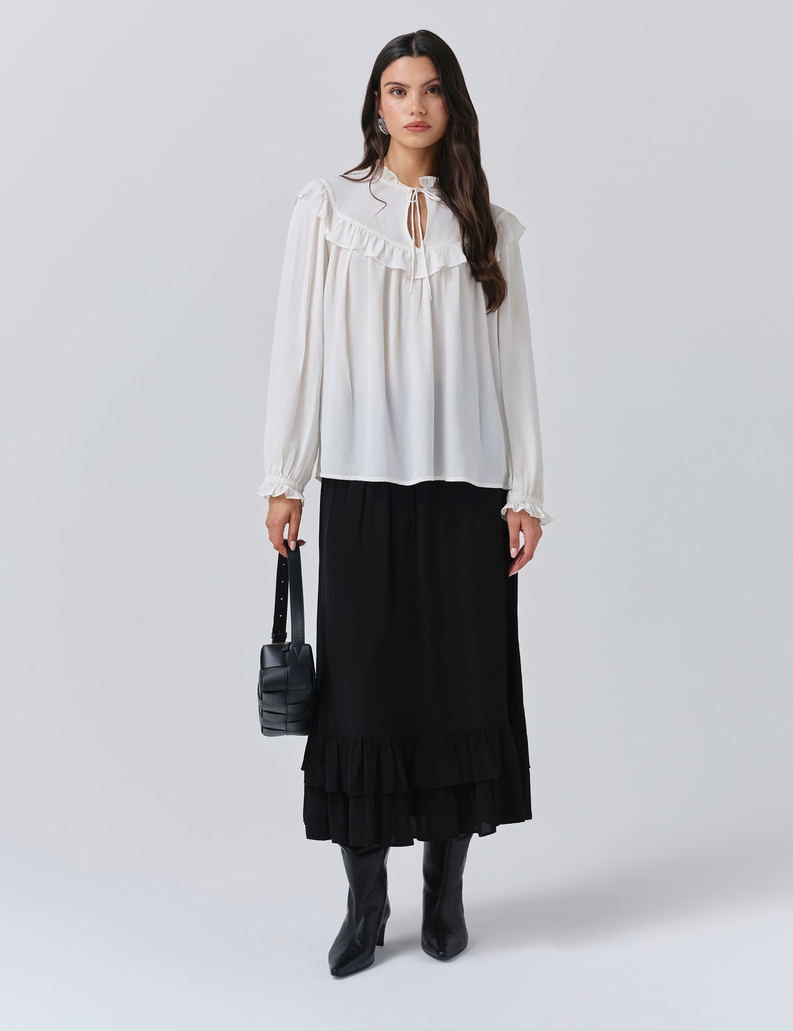 Crepe Tie Neck Ruffle Blouson Sleeve Blouse 2 of 5