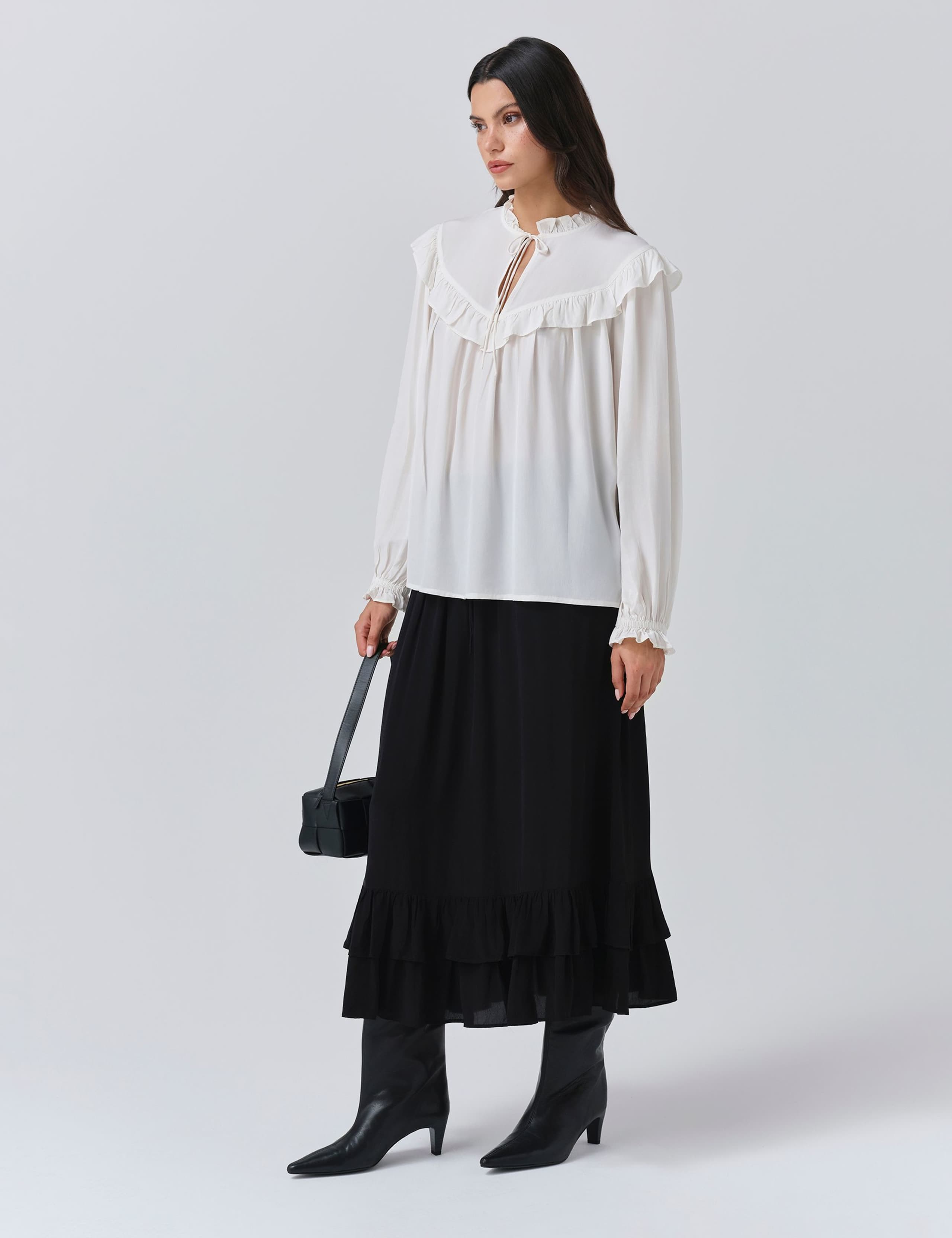 Crepe Tie Neck Ruffle Blouson Sleeve Blouse 3 of 5