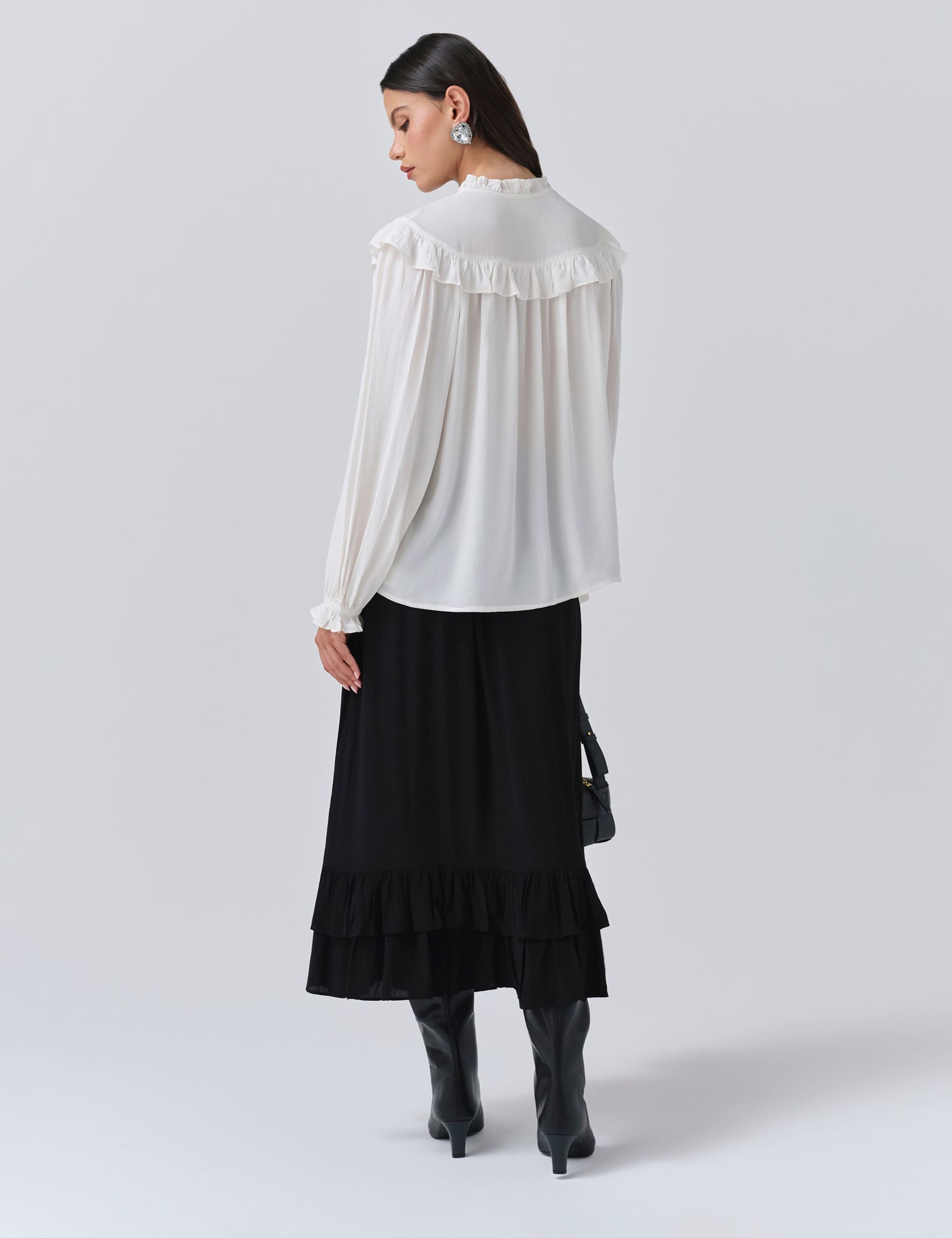 Crepe Tie Neck Ruffle Blouson Sleeve Blouse 4 of 5