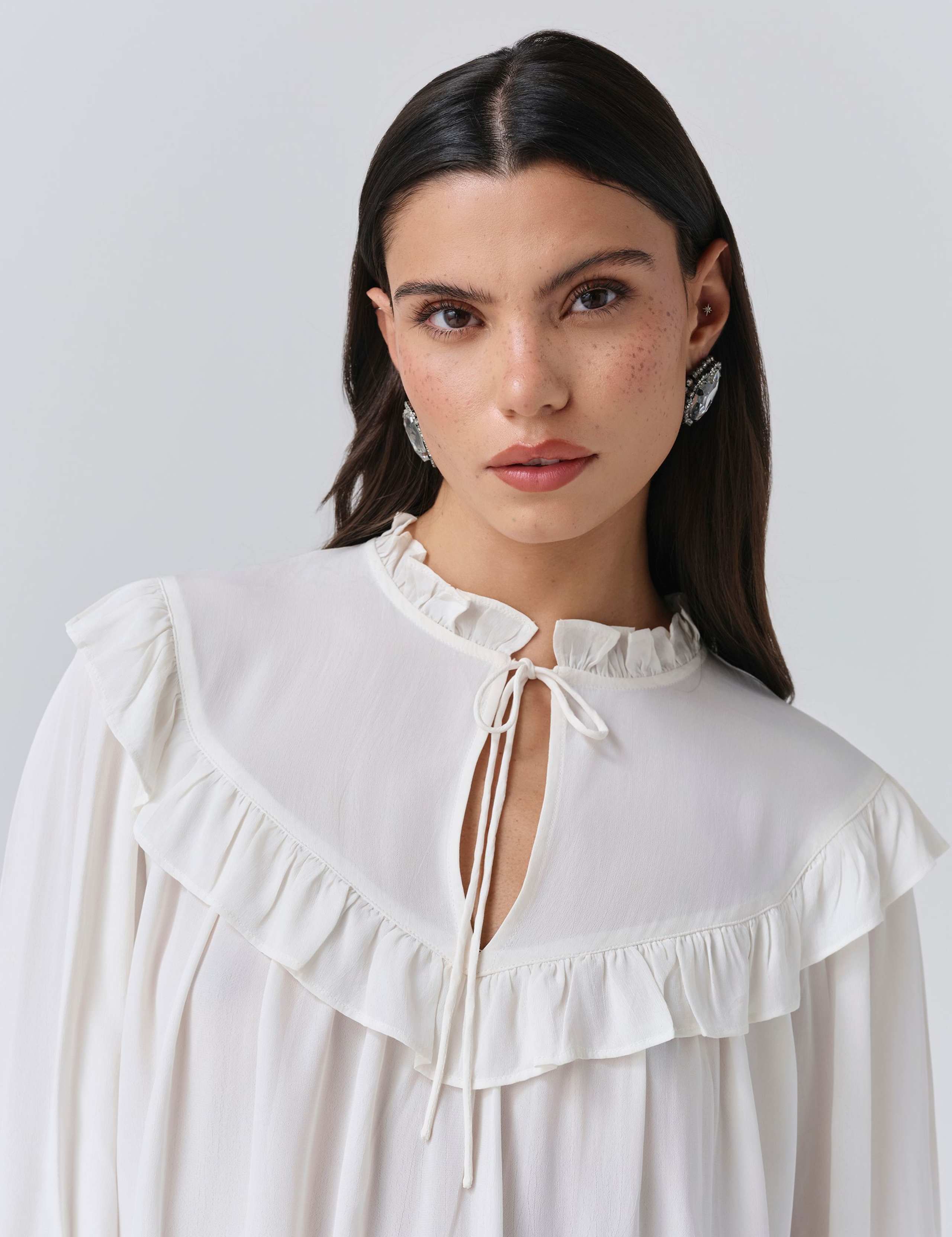 Crepe Tie Neck Ruffle Blouson Sleeve Blouse 5 of 5