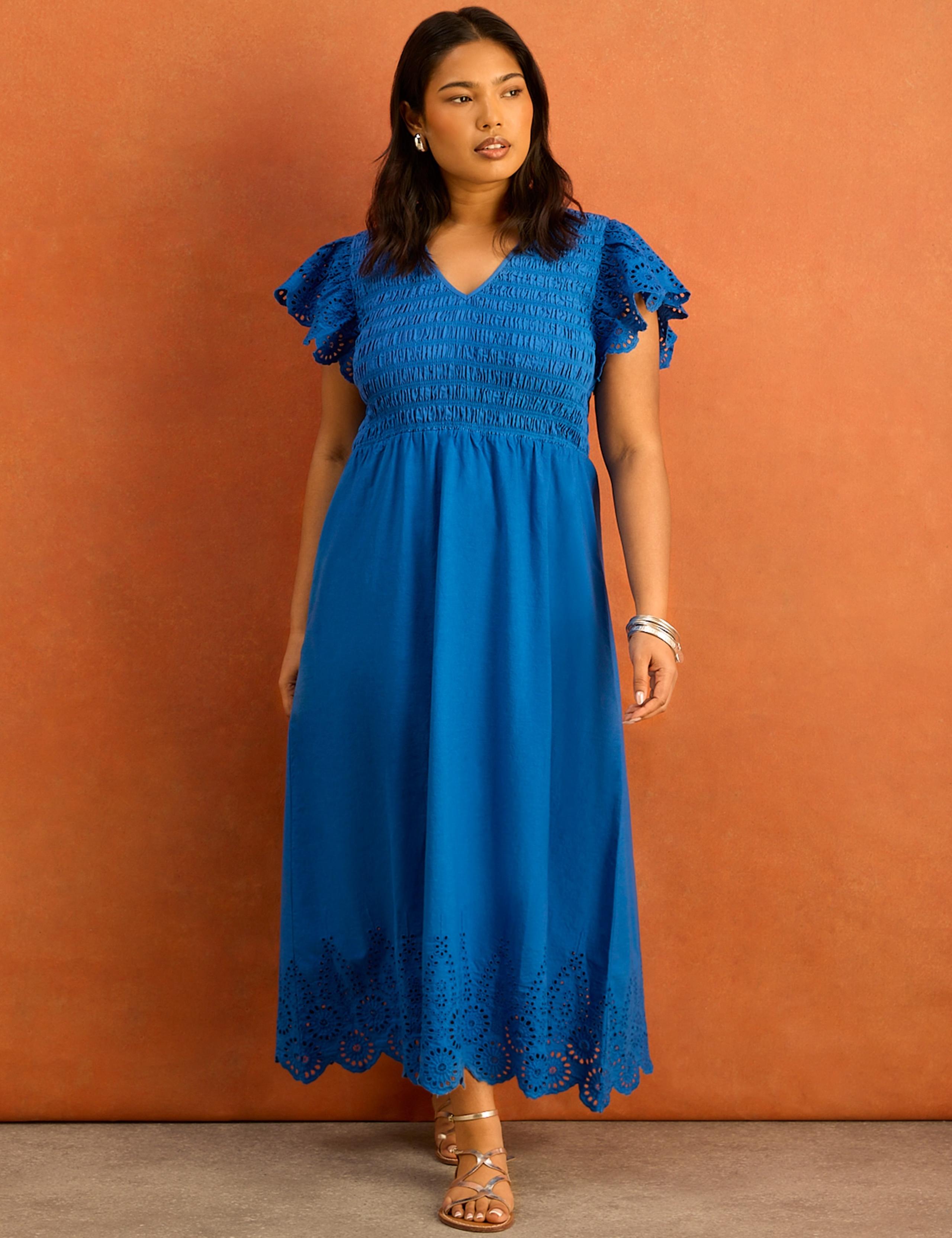 Pure Cotton Broderie V-Neck Midi Shirred Dress 1 of 6