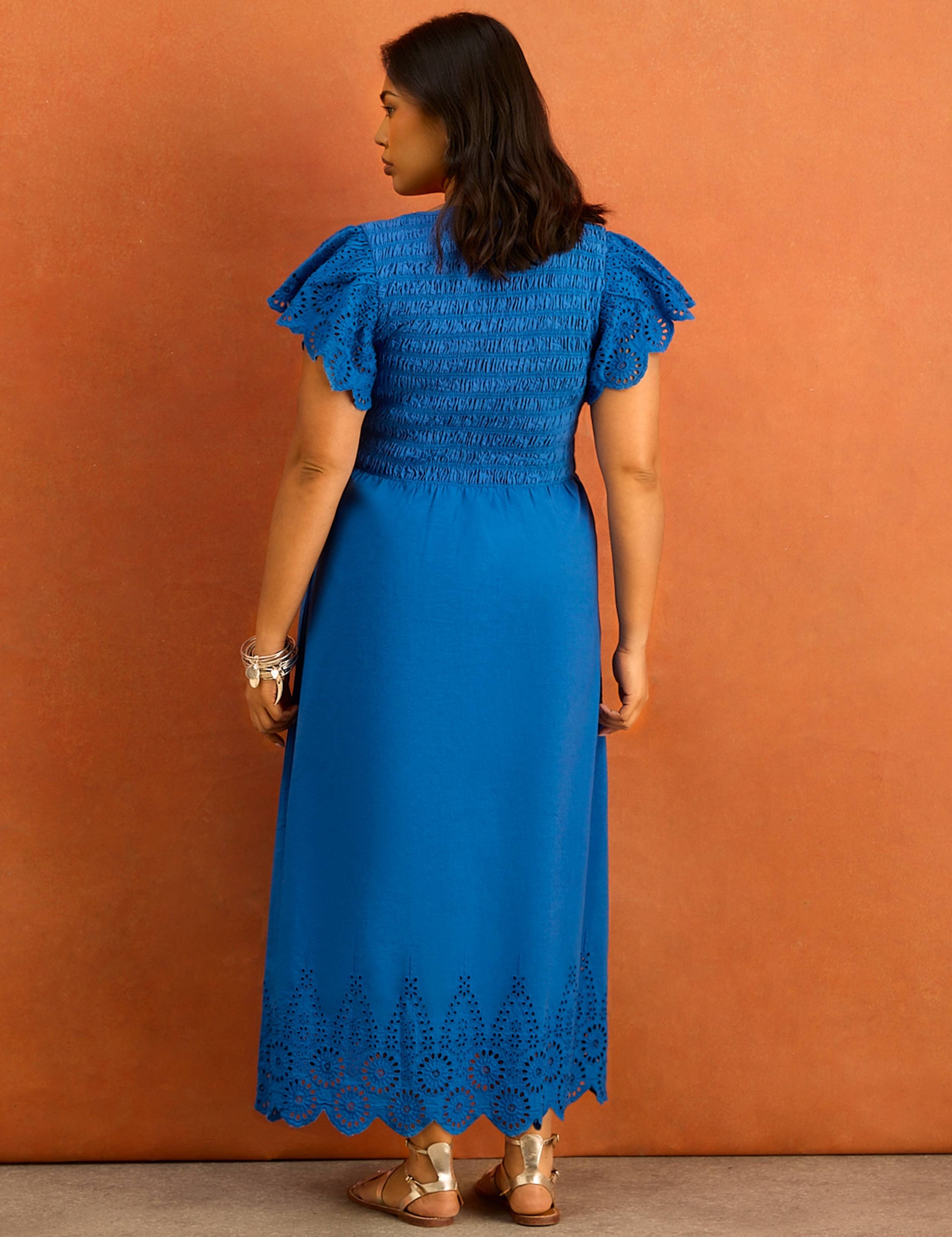 Pure Cotton Broderie V-Neck Midi Shirred Dress 2 of 6