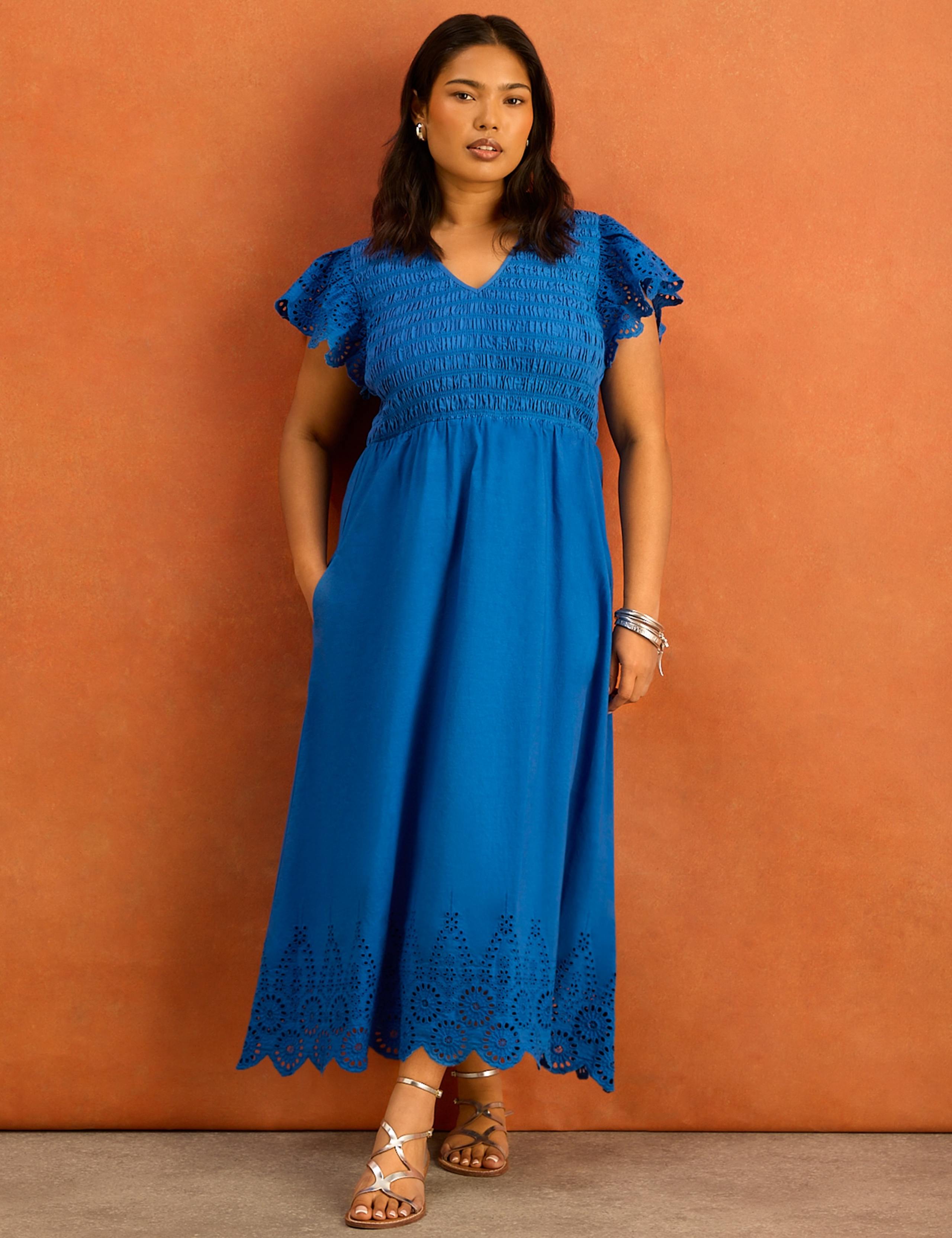 Pure Cotton Broderie V-Neck Midi Shirred Dress 3 of 6