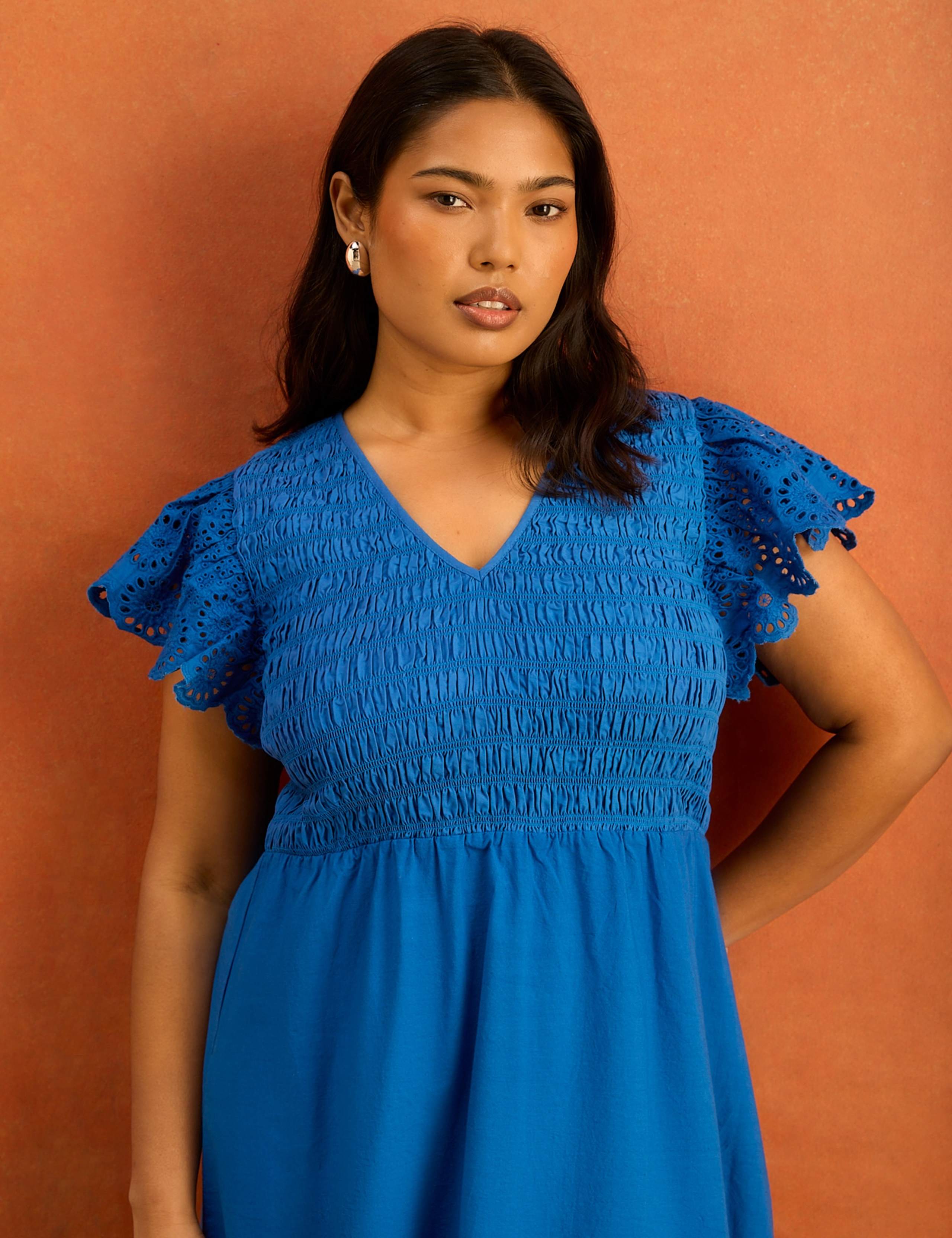 Pure Cotton Broderie V-Neck Midi Shirred Dress 4 of 6