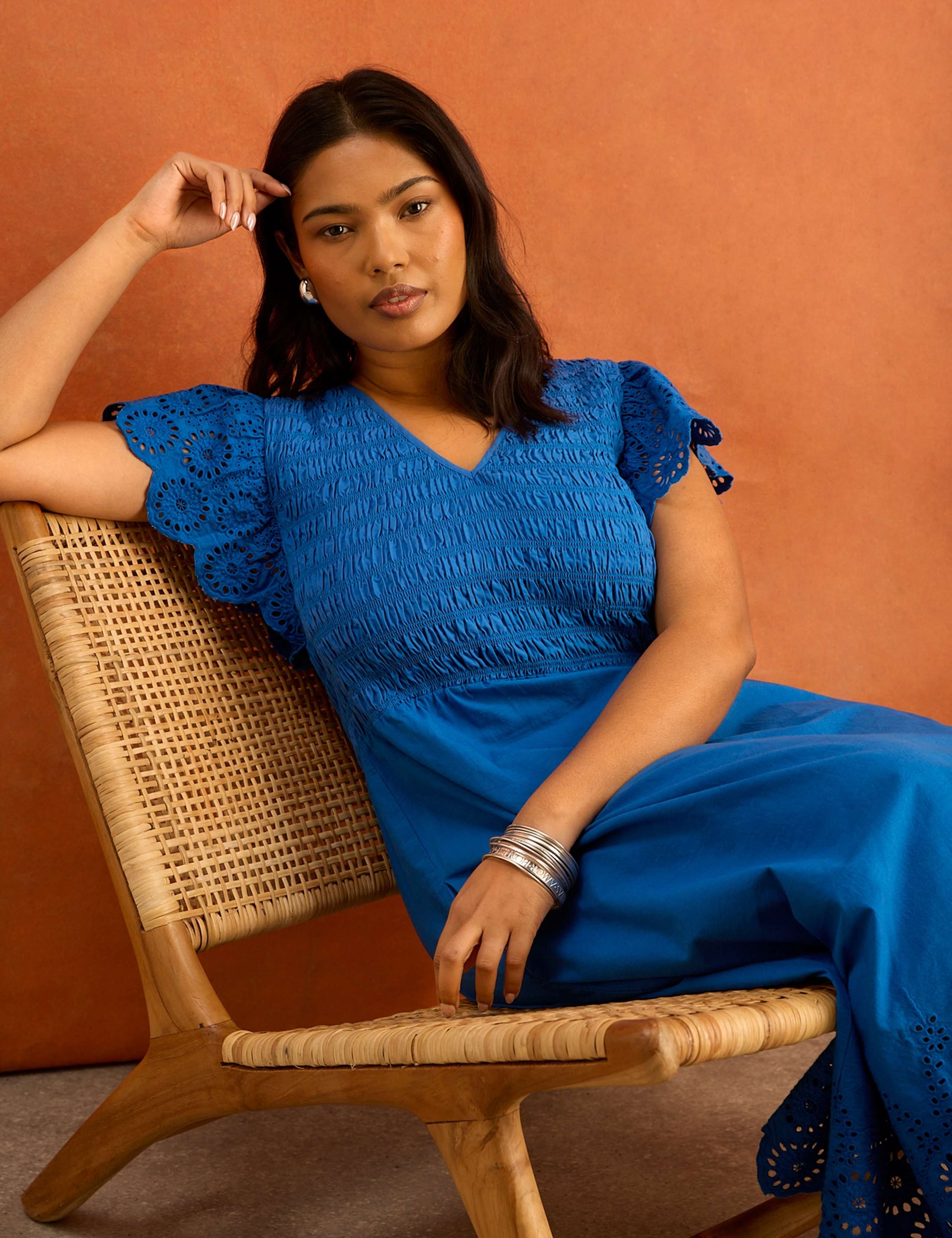 Pure Cotton Broderie V-Neck Midi Shirred Dress 5 of 6