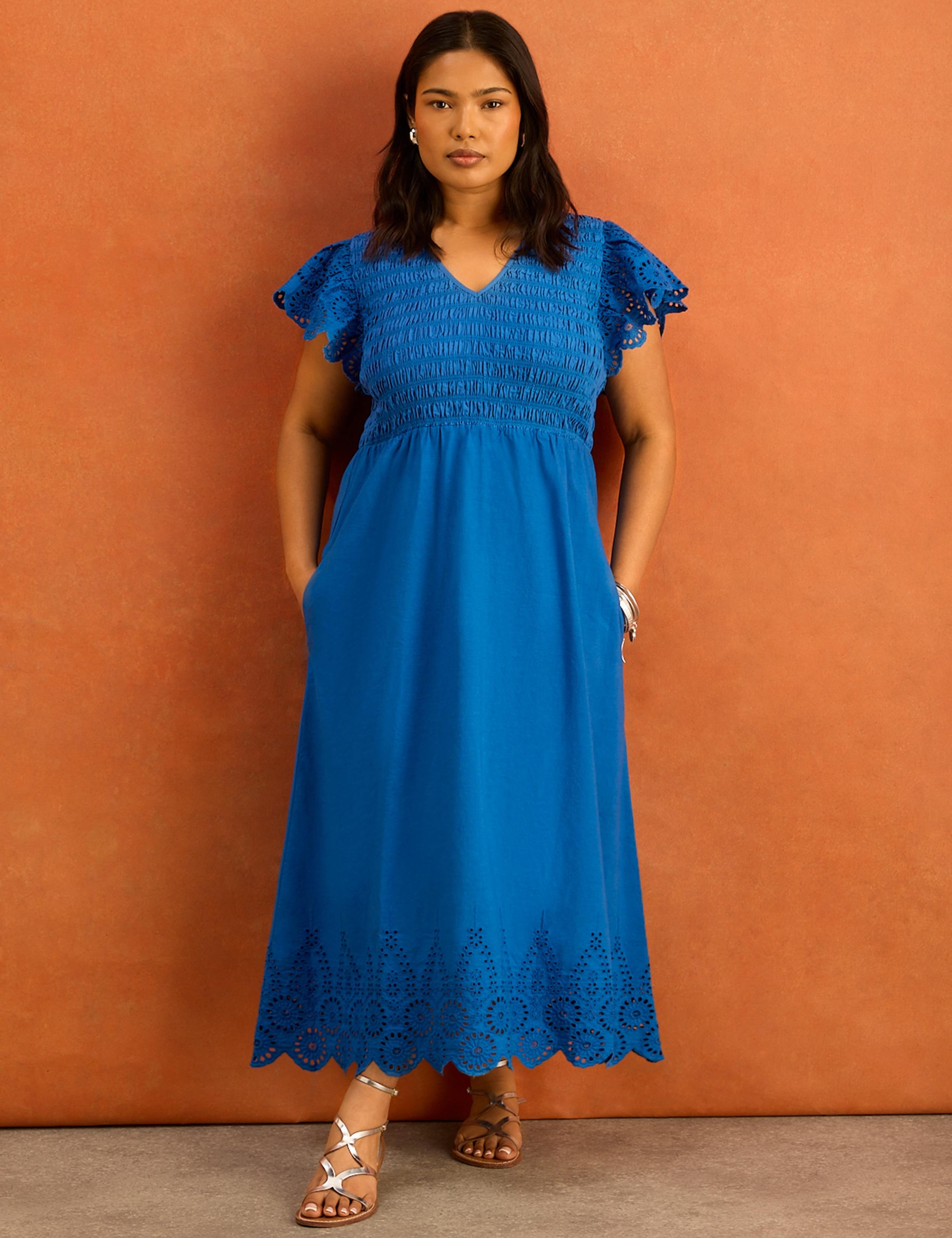 Pure Cotton Broderie V-Neck Midi Shirred Dress 6 of 6