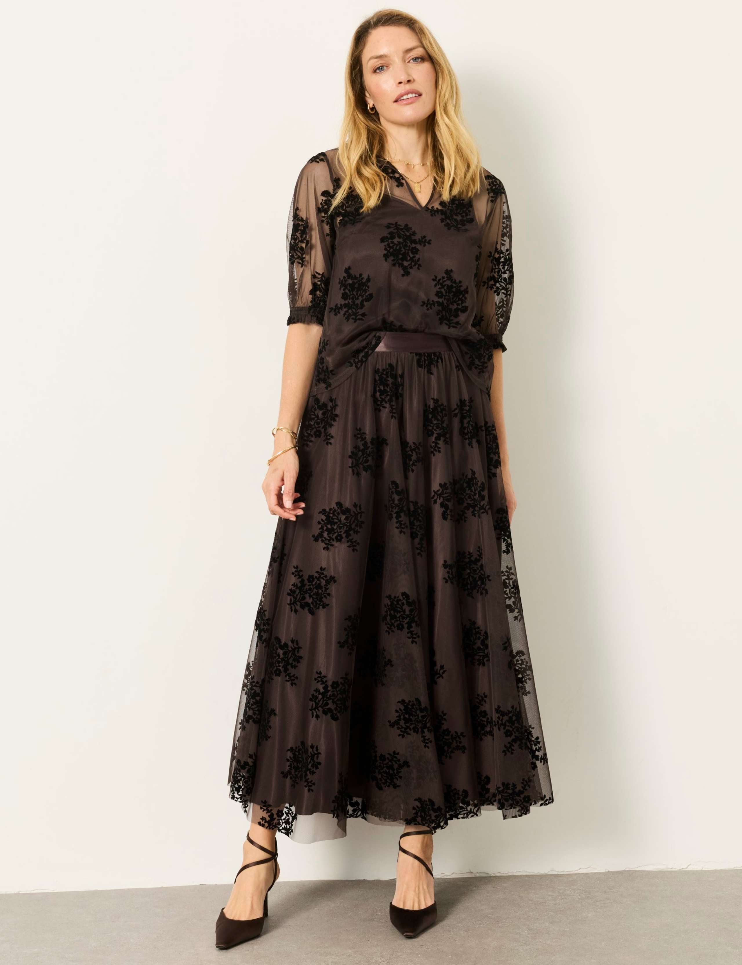 Floral Tulle Pleated Midi Skirt 4 of 6