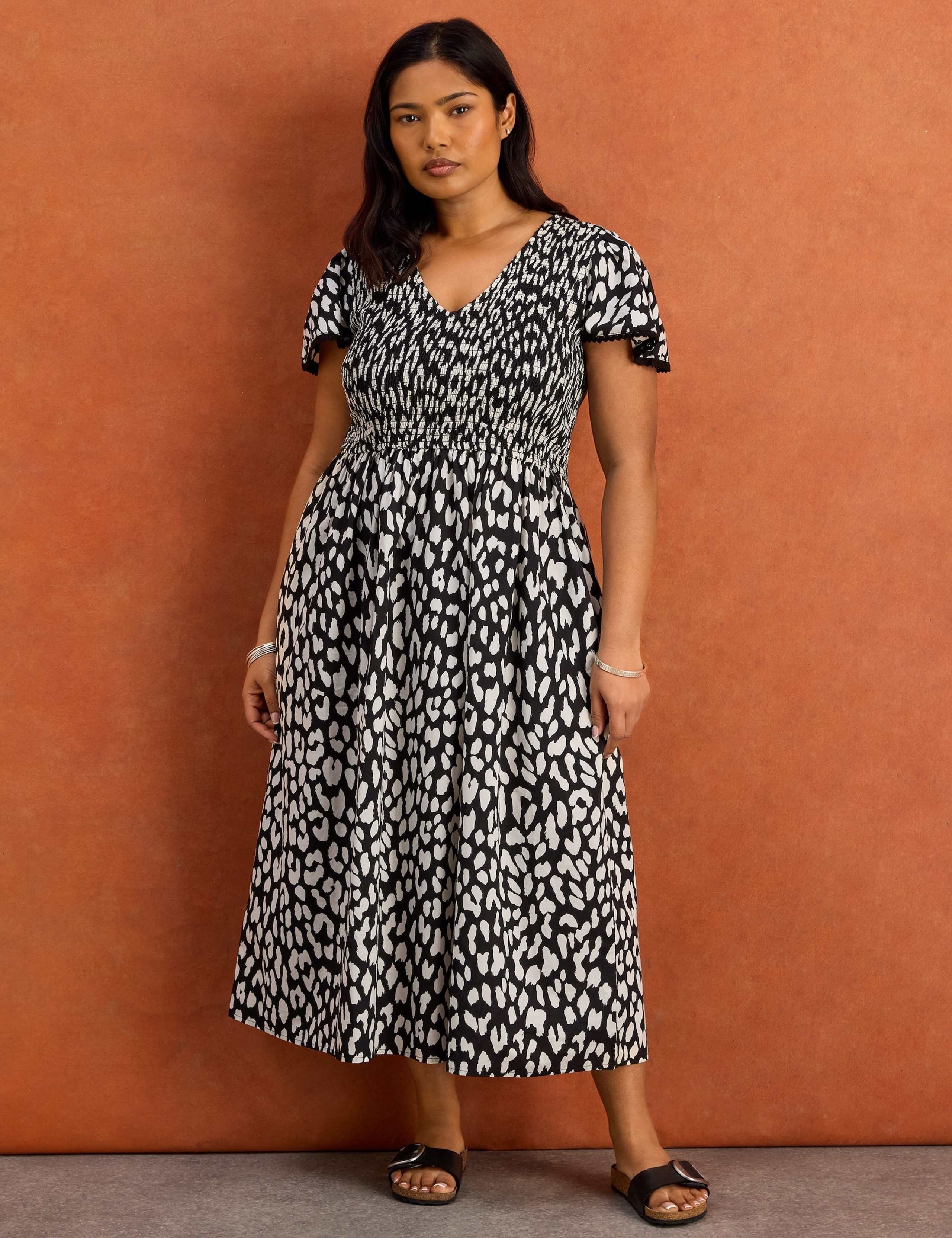 Pure Cotton Animal Print Shirred Midi Dress 1 of 5