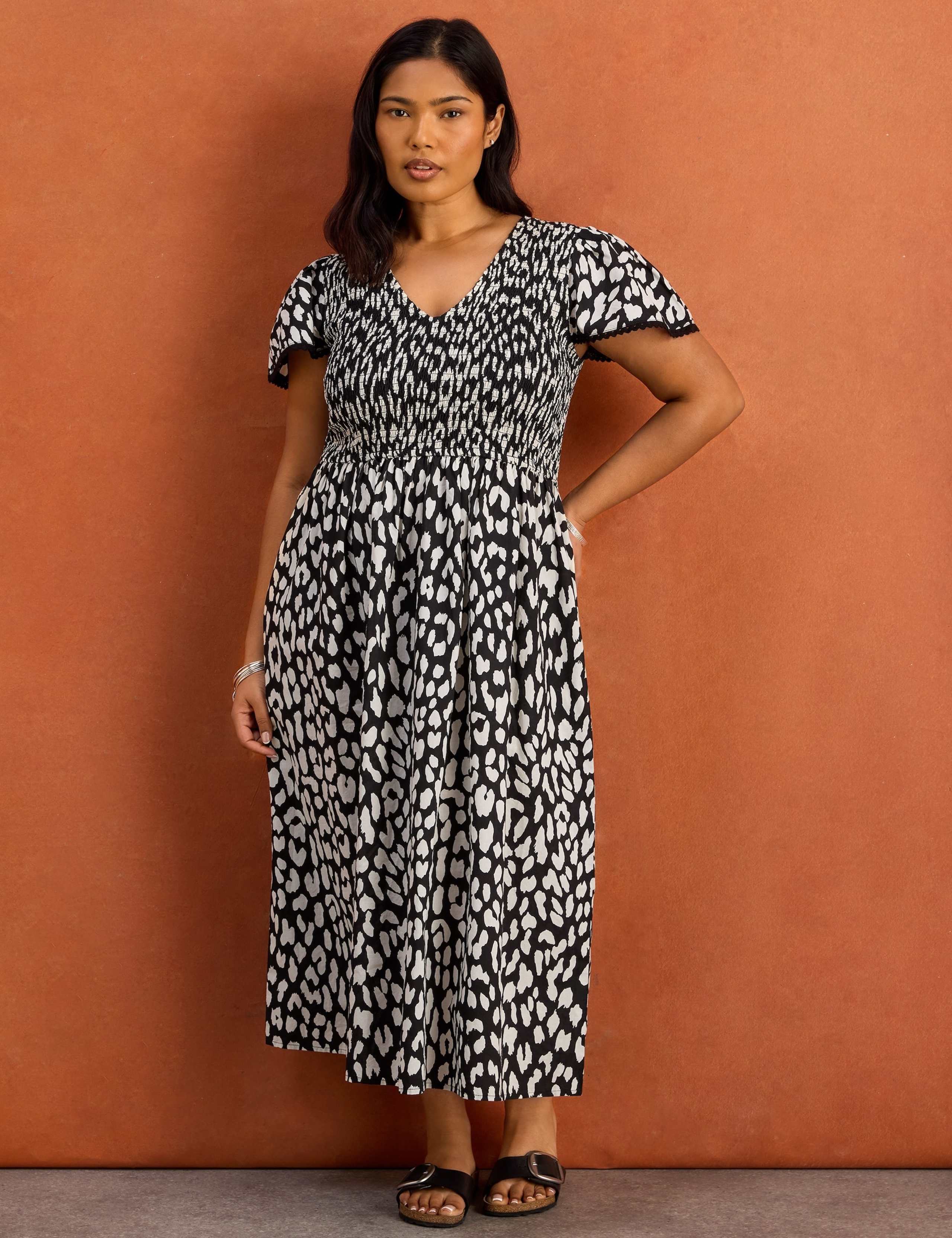 Pure Cotton Animal Print Shirred Midi Dress 3 of 5