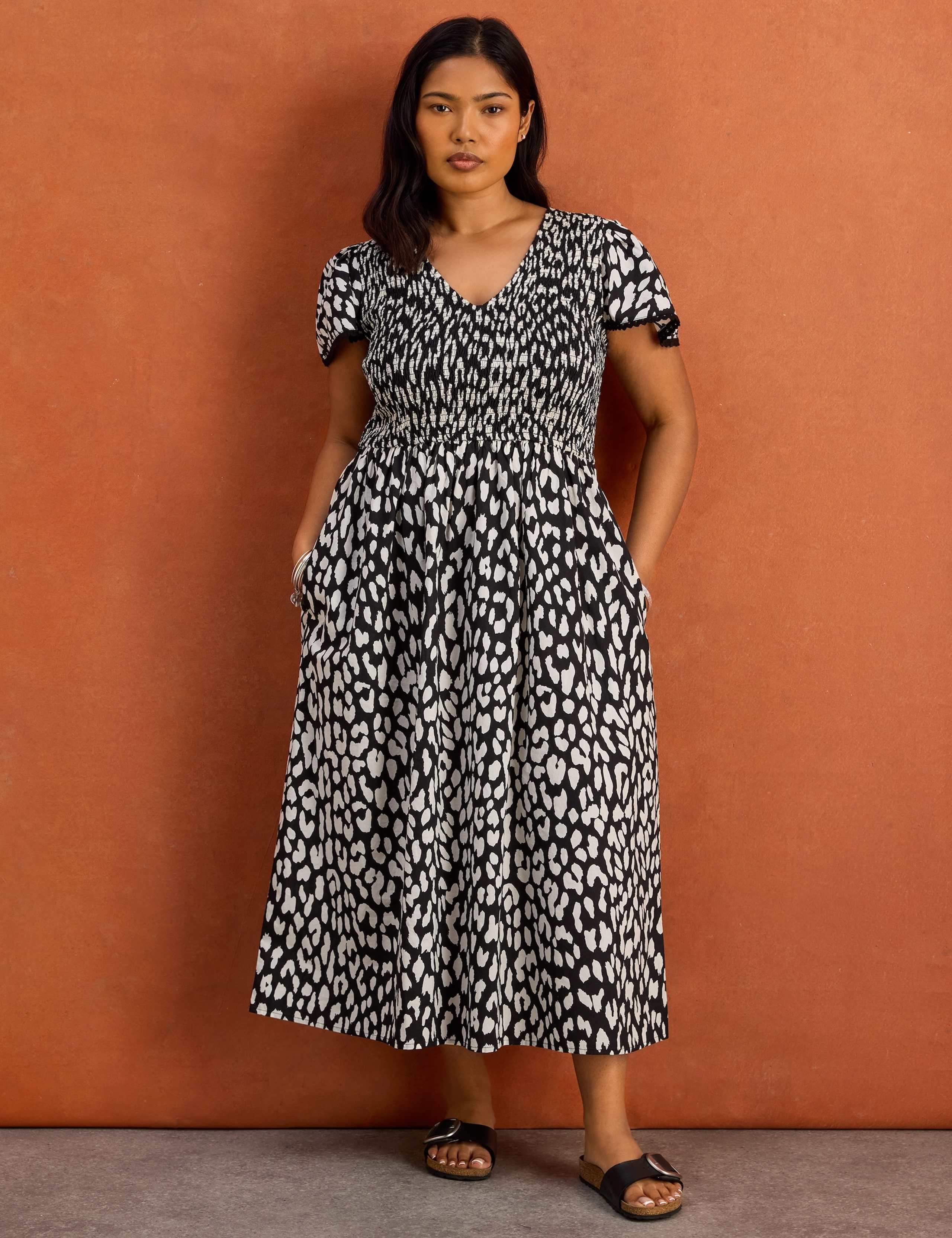 Pure Cotton Animal Print Shirred Midi Dress 4 of 5