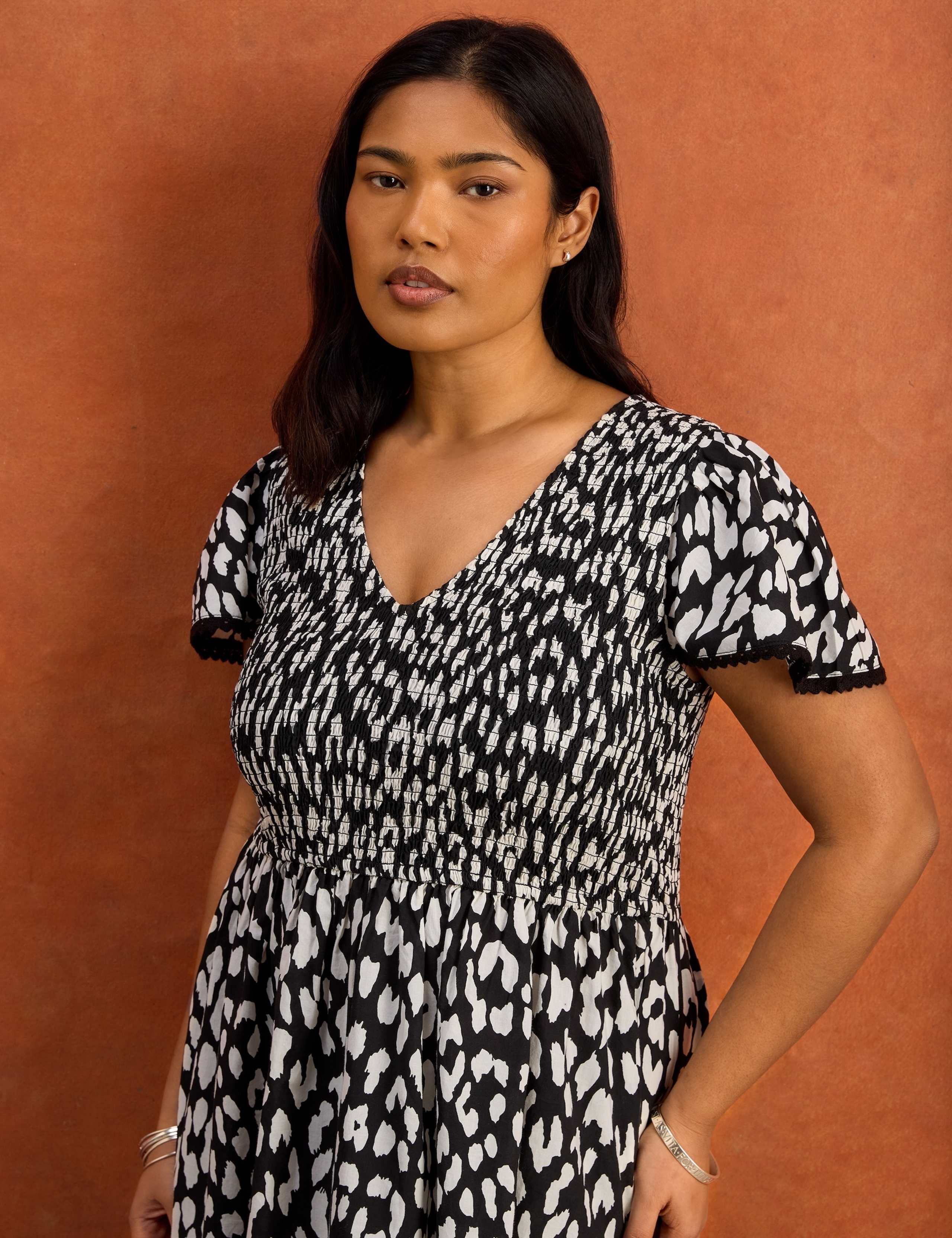 Pure Cotton Animal Print Shirred Midi Dress 5 of 5