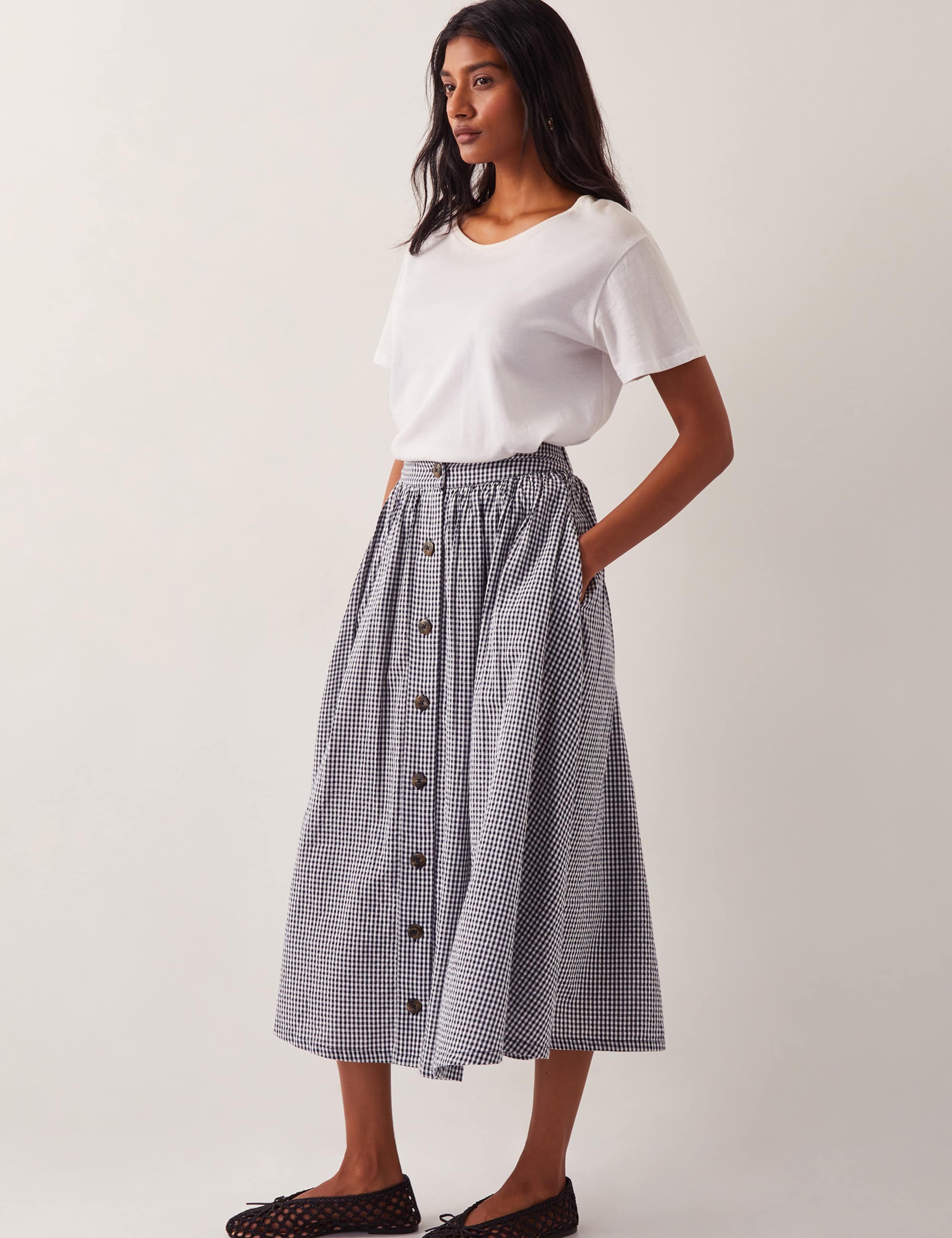 Pure Cotton Gingham Button Through Midi Skirt 3 of 5