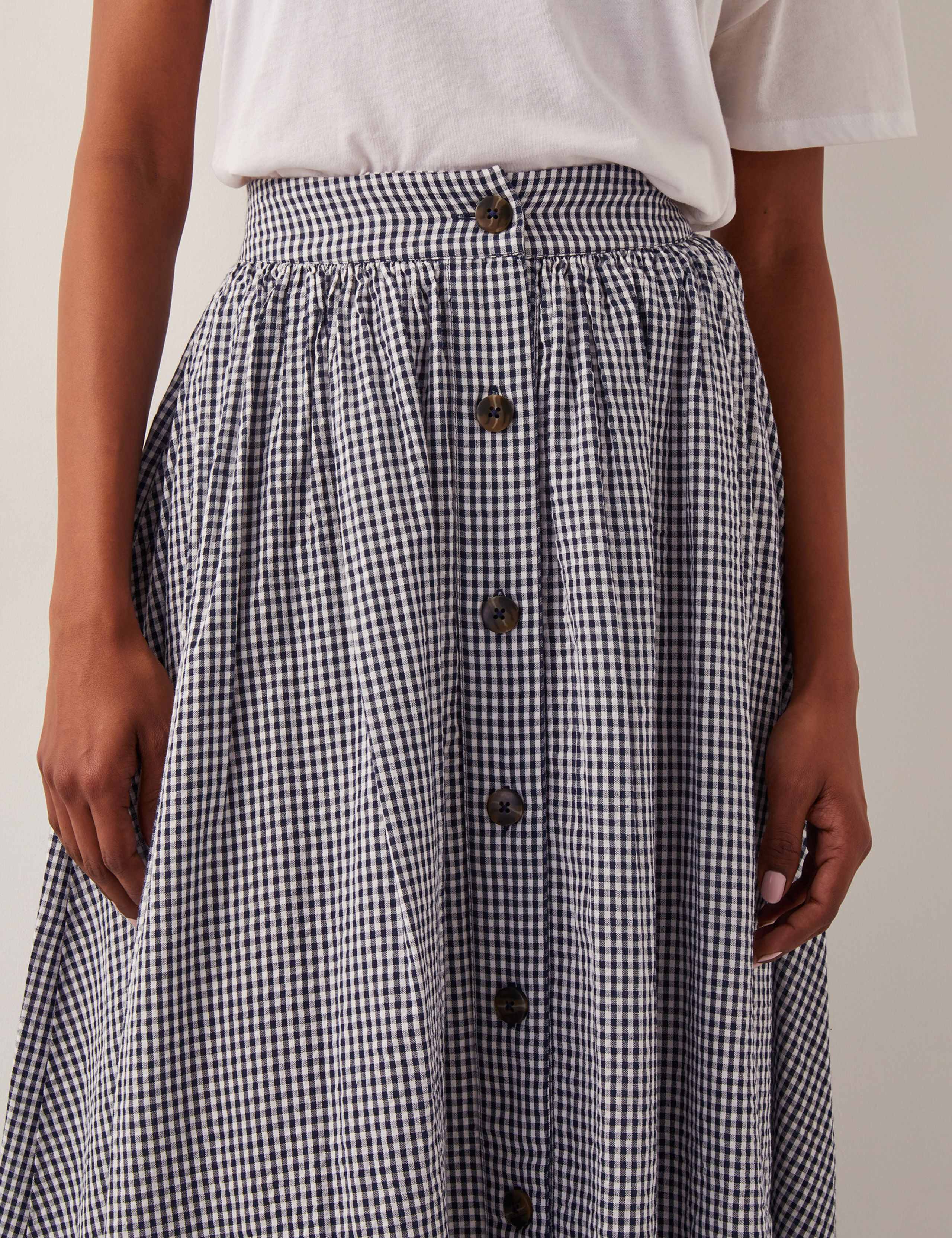 Pure Cotton Gingham Button Through Midi Skirt 4 of 5
