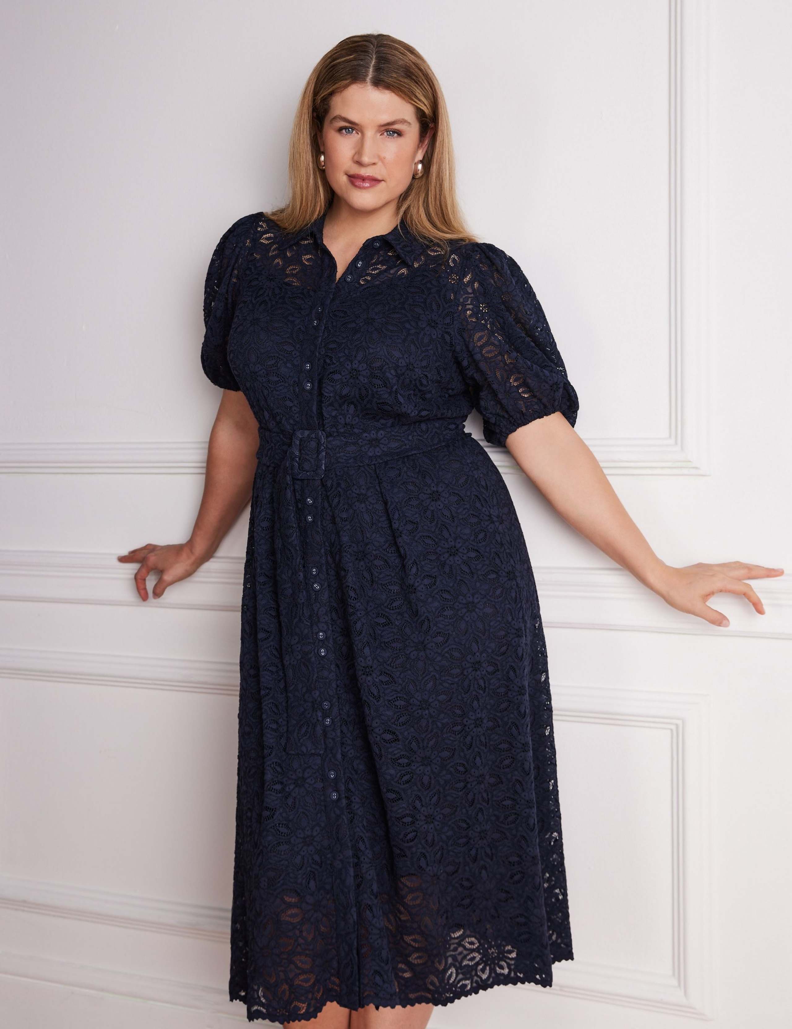 Lace Belted Puff Sleeve Midi Shirt Dress 2 of 6