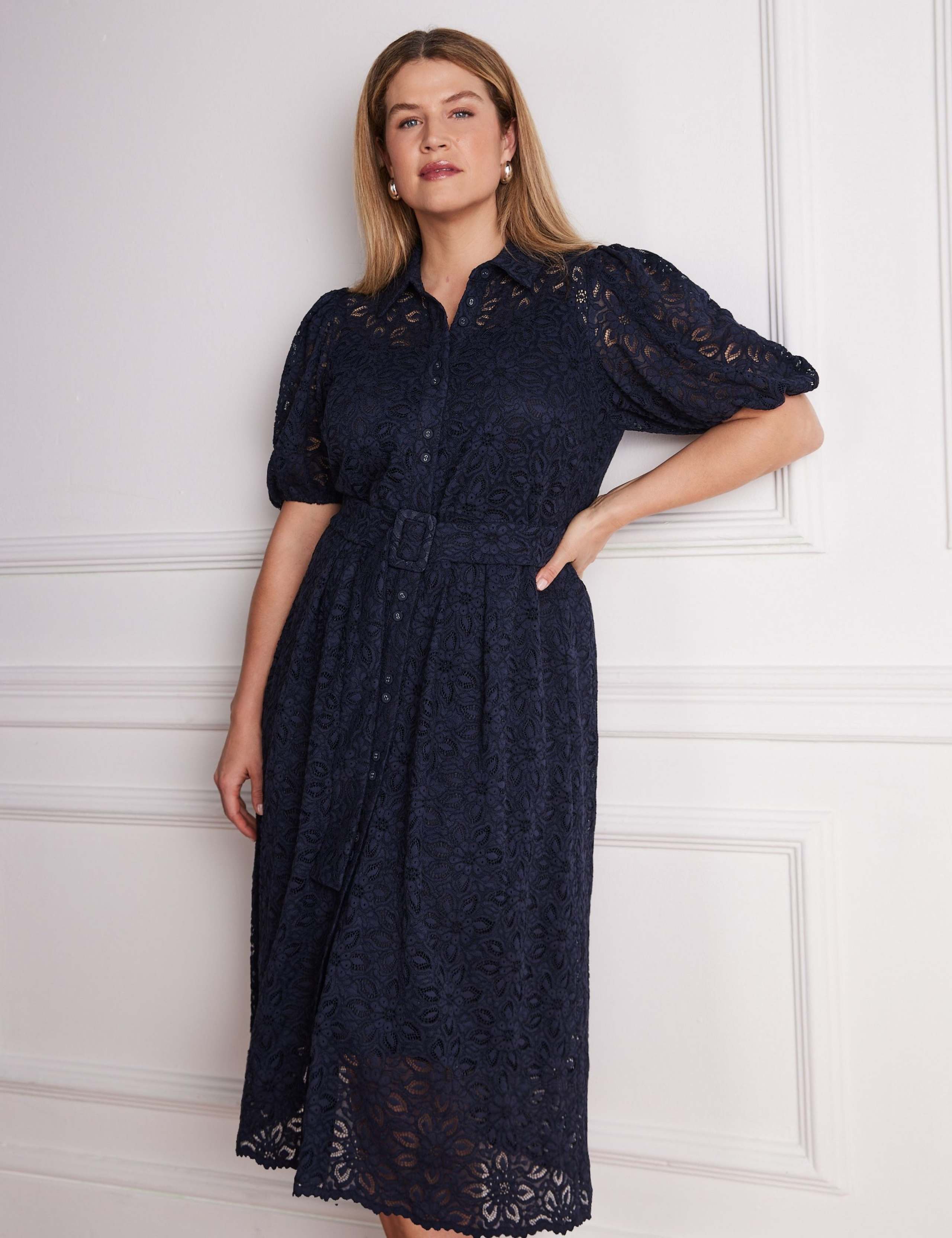 Lace Belted Puff Sleeve Midi Shirt Dress 6 of 6