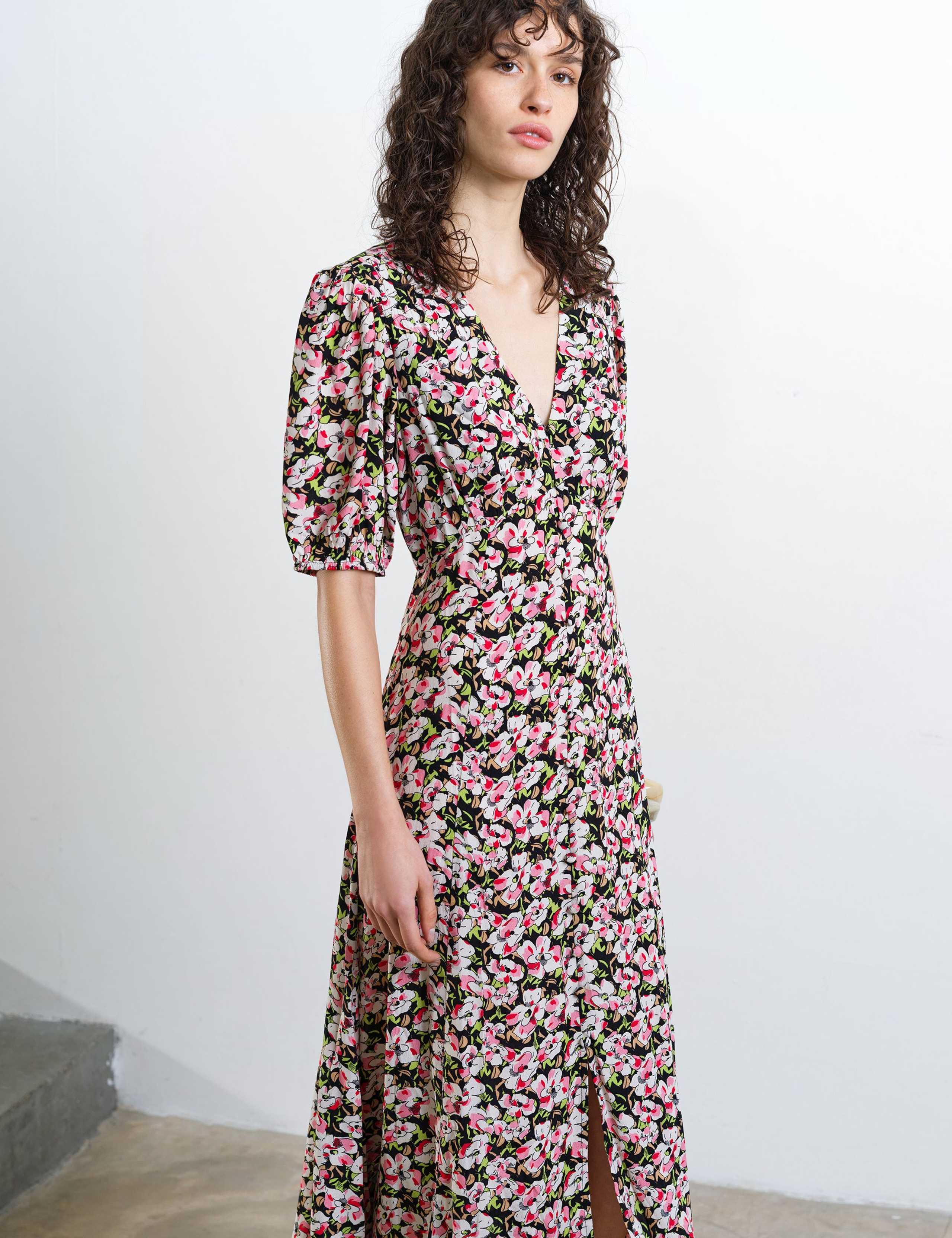 Floral V-Neck Puff Sleeve Midi Tea Dress 6 of 7