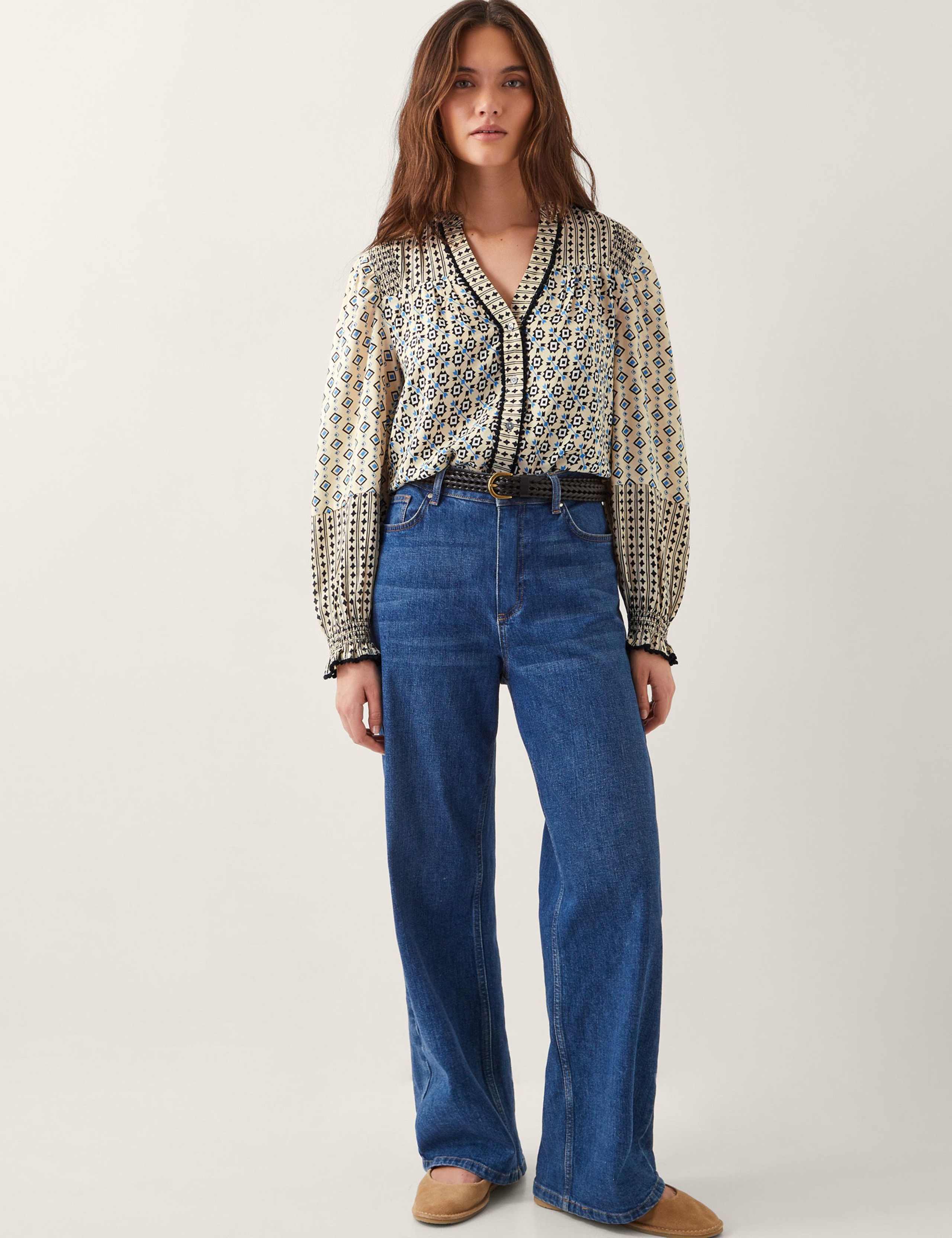 Printed V-Neck Blouson Sleeve Blouse 3 of 4