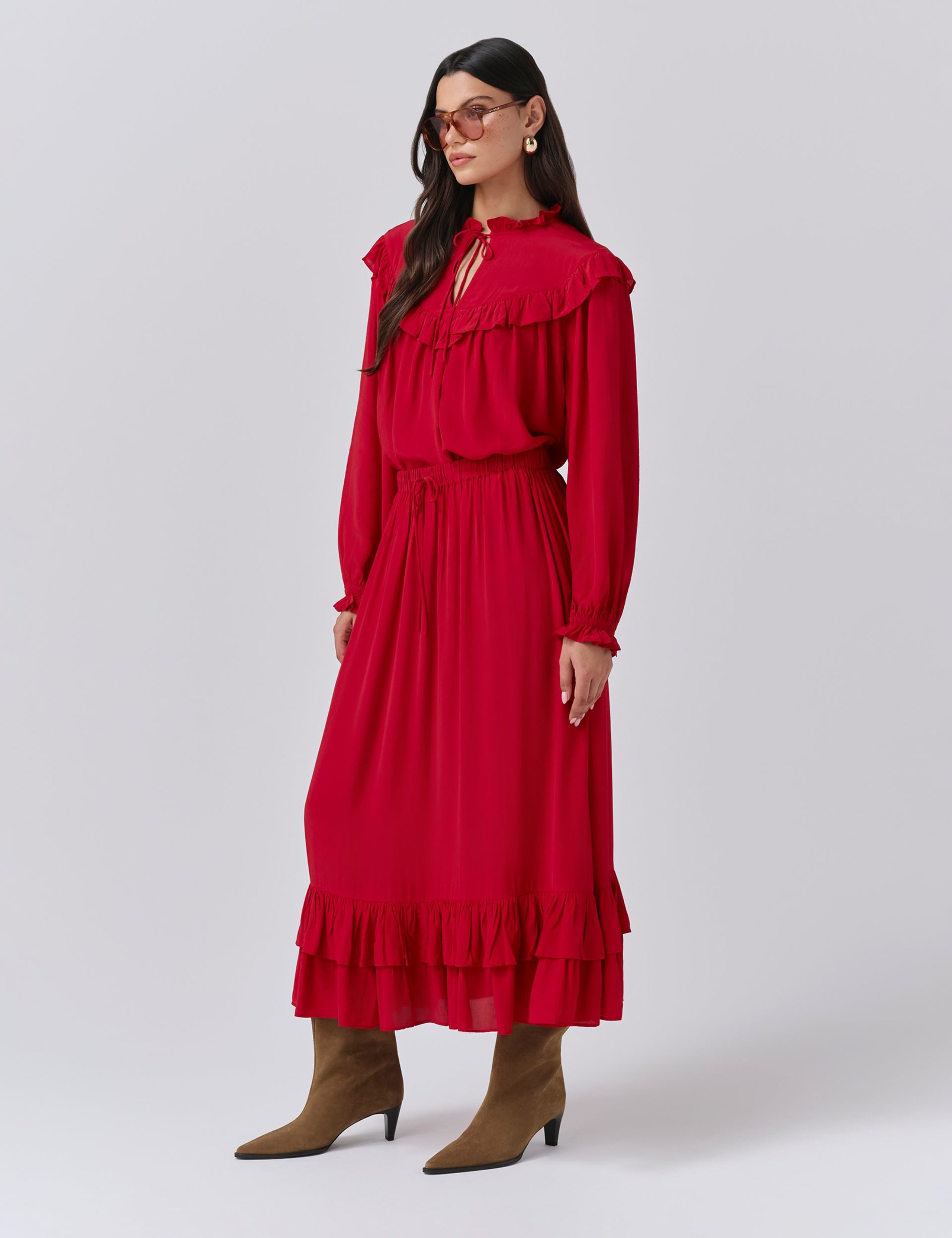 Crepe Ruffle Midi Tiered Skirt 2 of 5