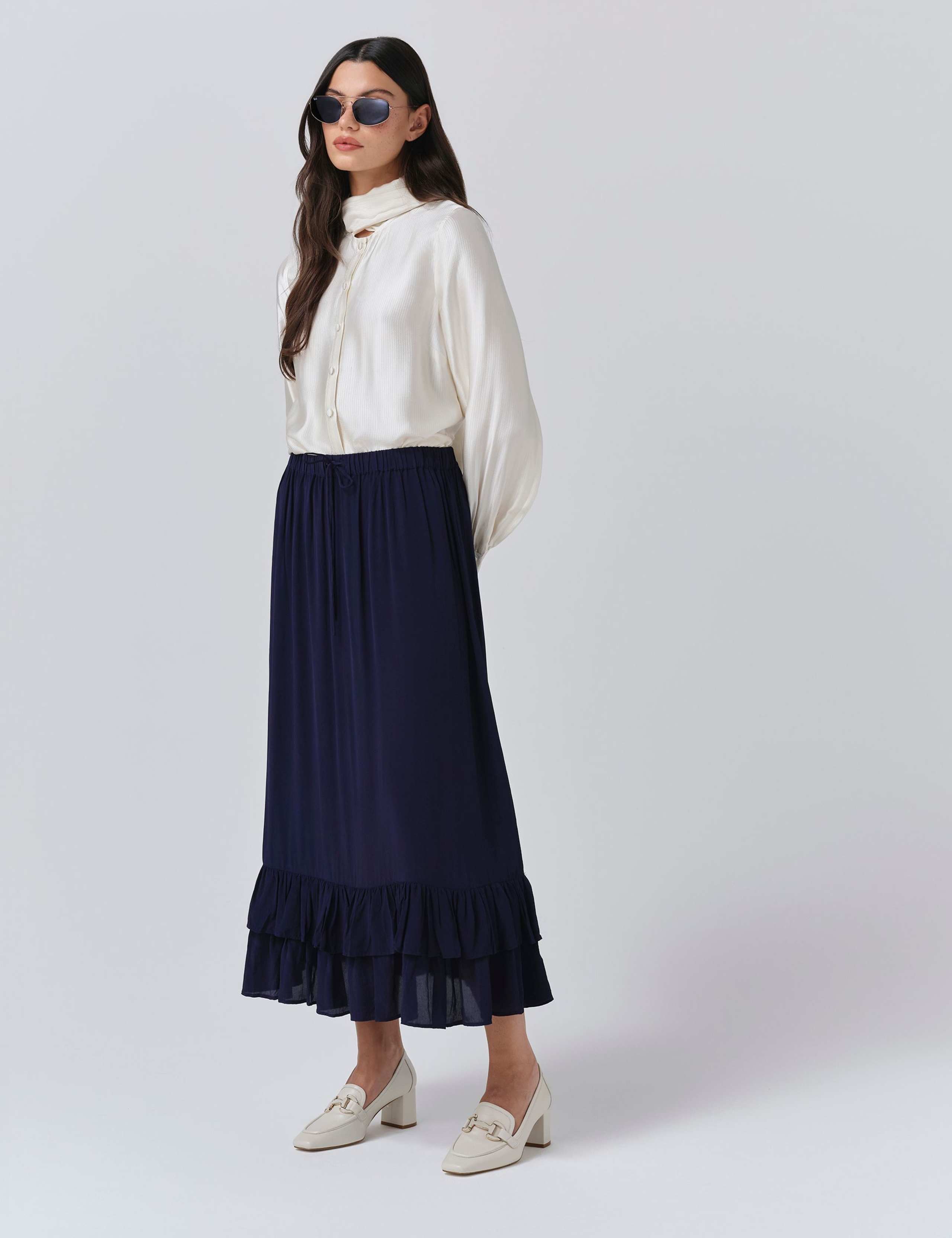 Crepe Ruffle Midi Tiered Skirt 1 of 4