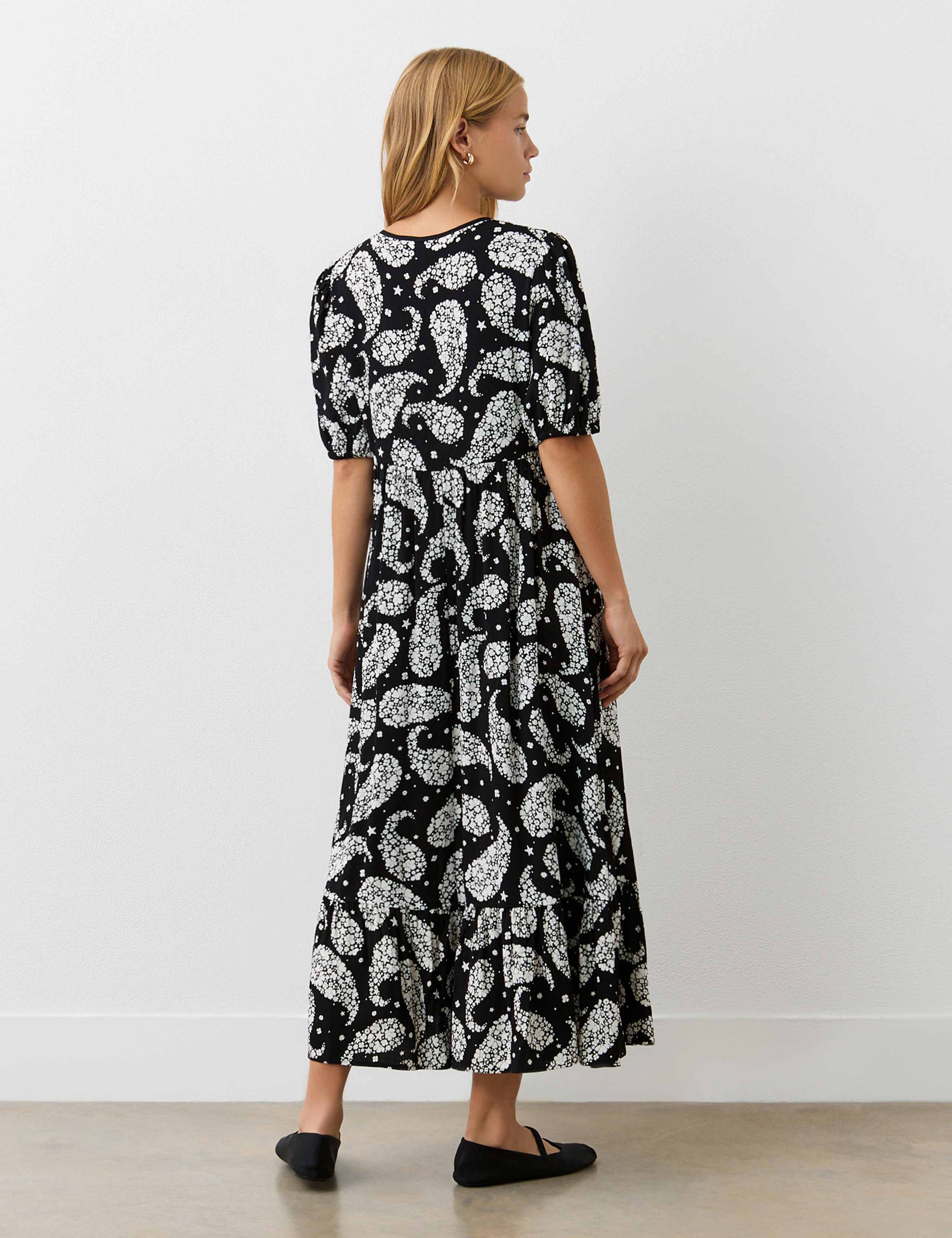 Crepe Paisley Tie Neck Midi Tiered Dress 2 of 4