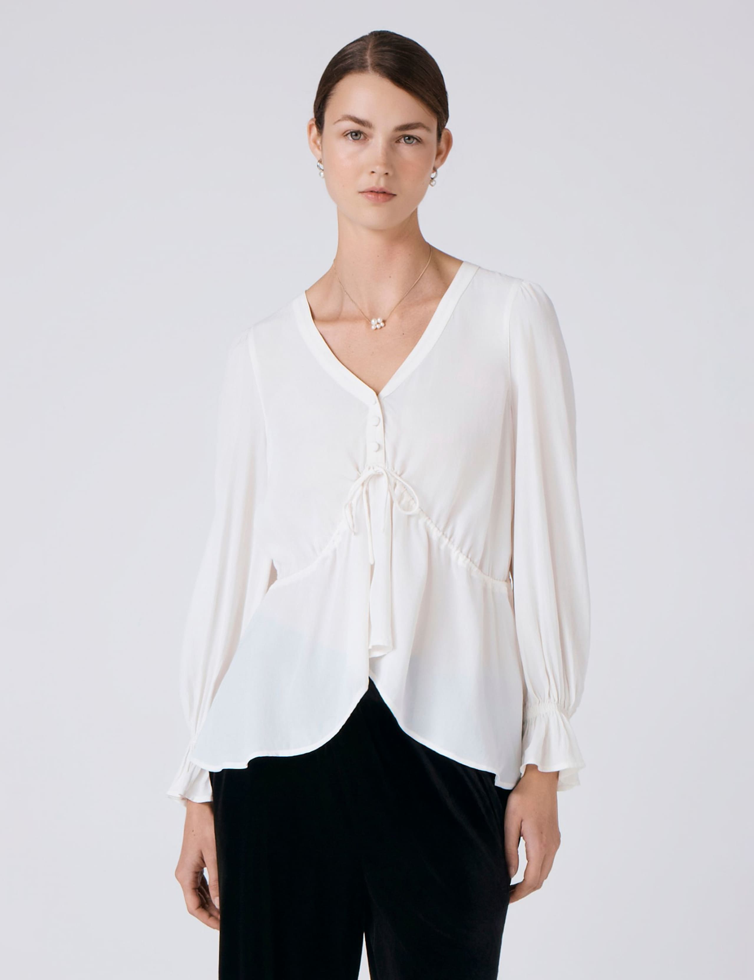 Crepe V-Neck Tie Front Blouse 1 of 5