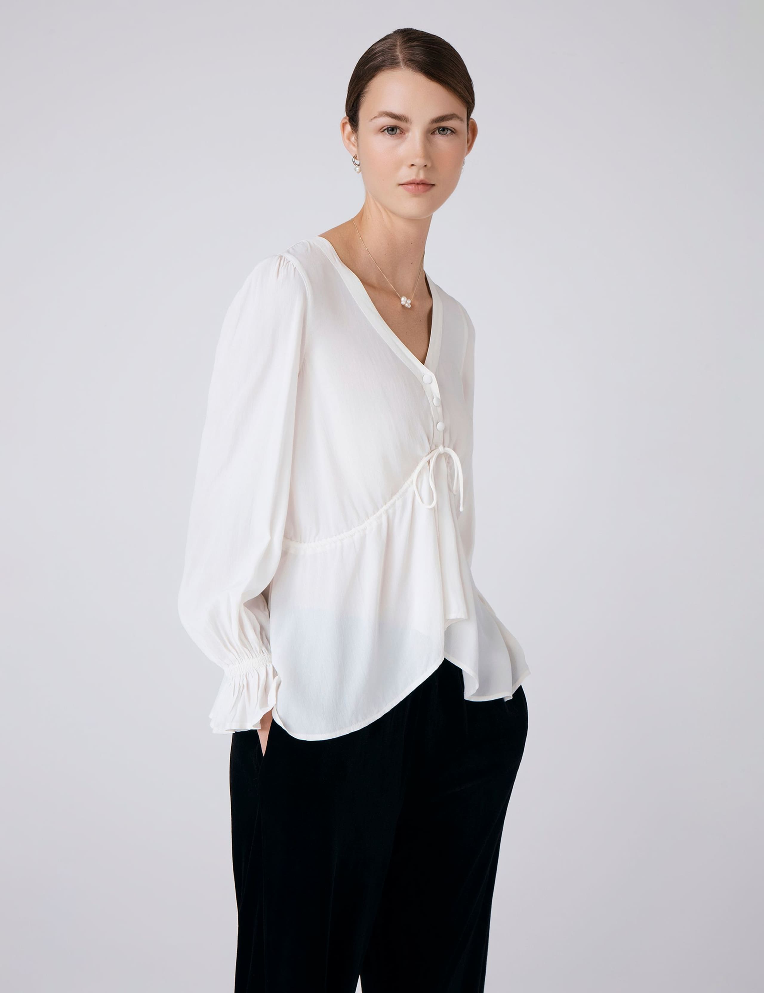 Crepe V-Neck Tie Front Blouse 2 of 5