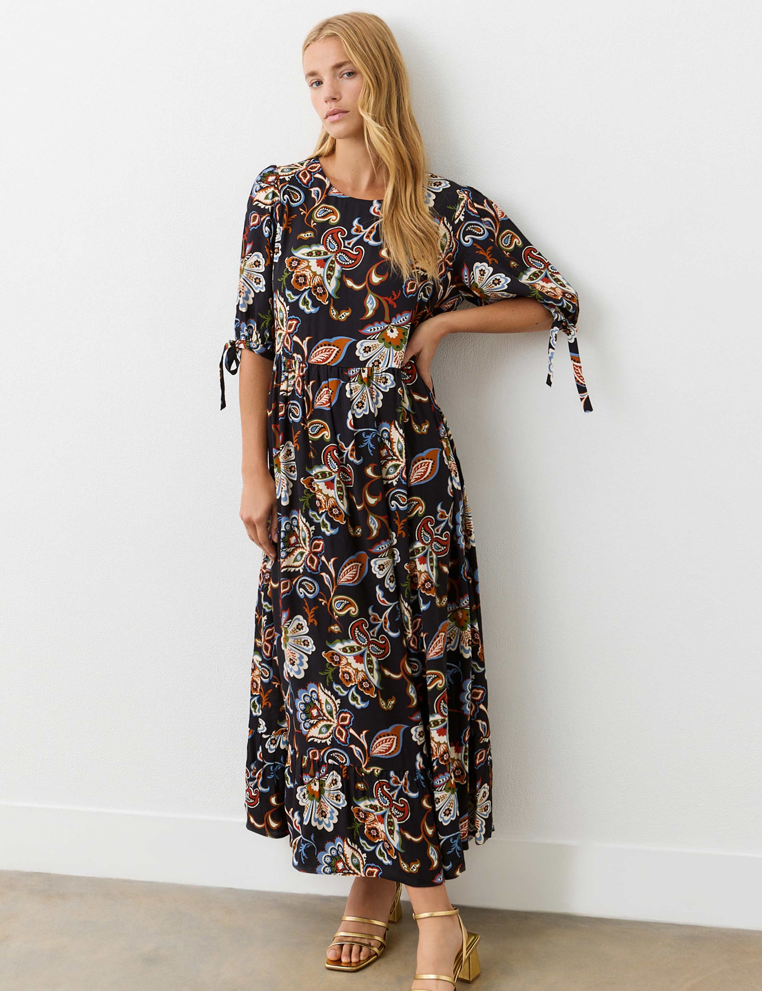 Crepe Floral Round Neck Midi Smock Dress 3 of 4