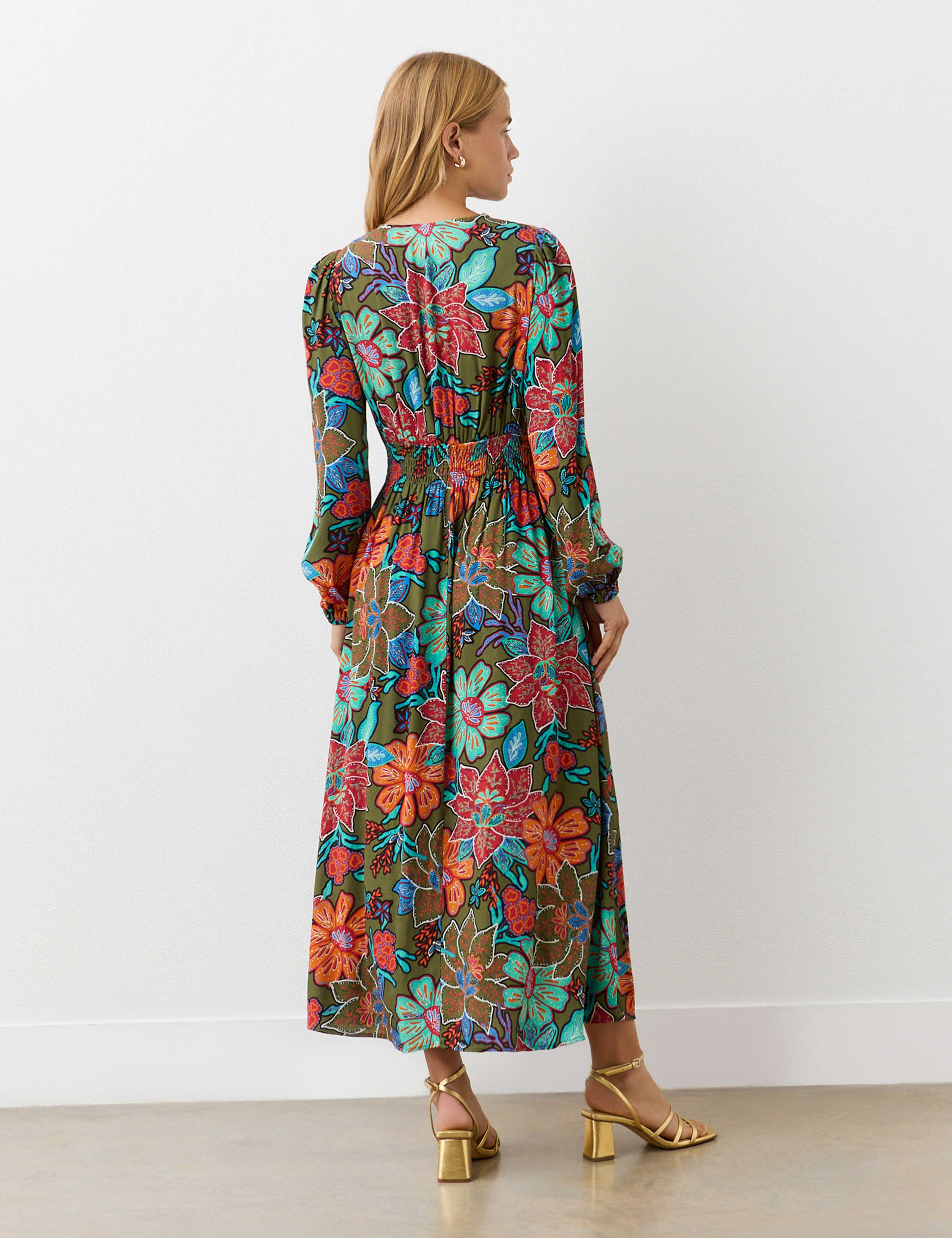 Crepe Floral V-Neck Midi Waisted Dress 2 of 4