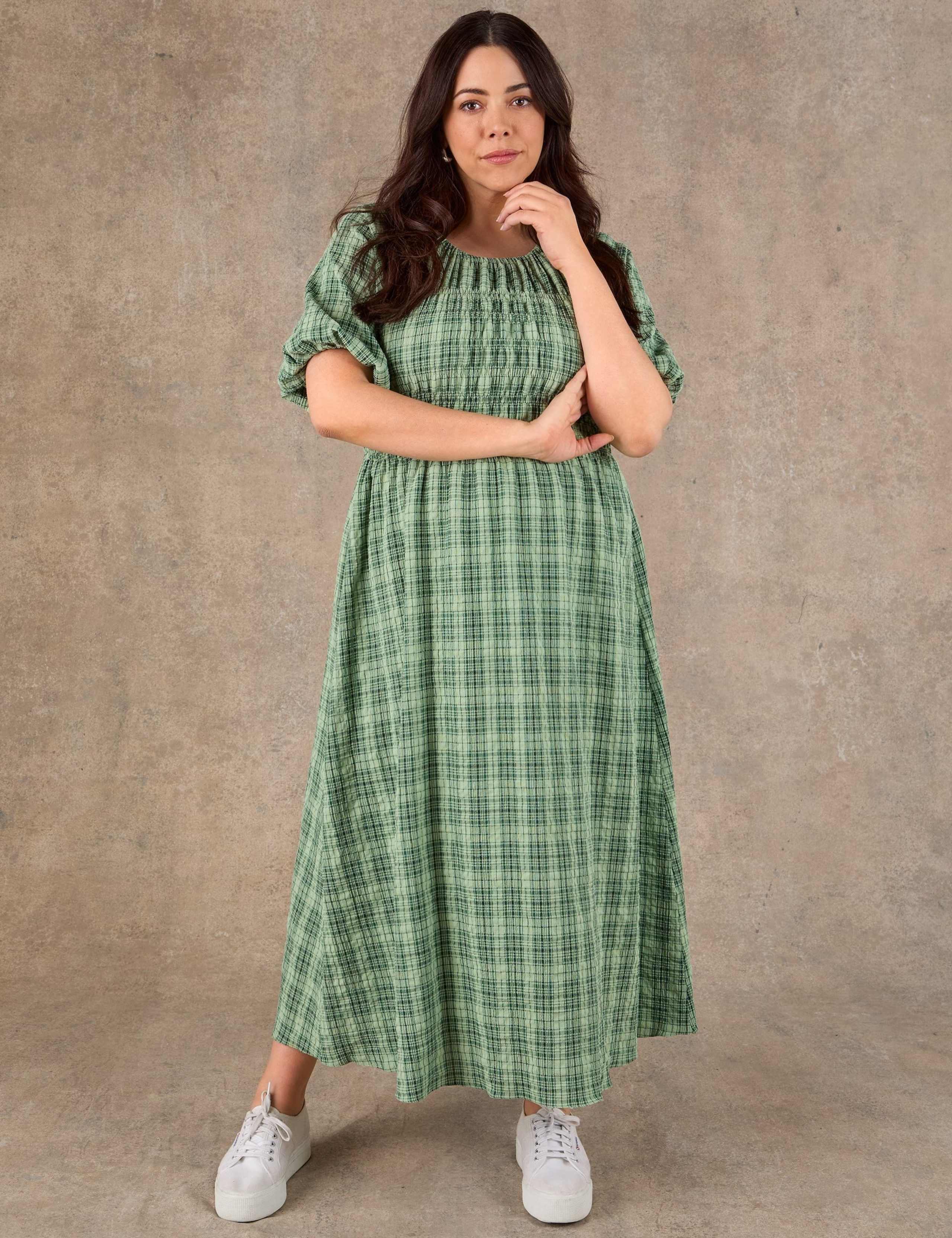Cotton Rich Checked Maxi Shirred Dress 1 of 4
