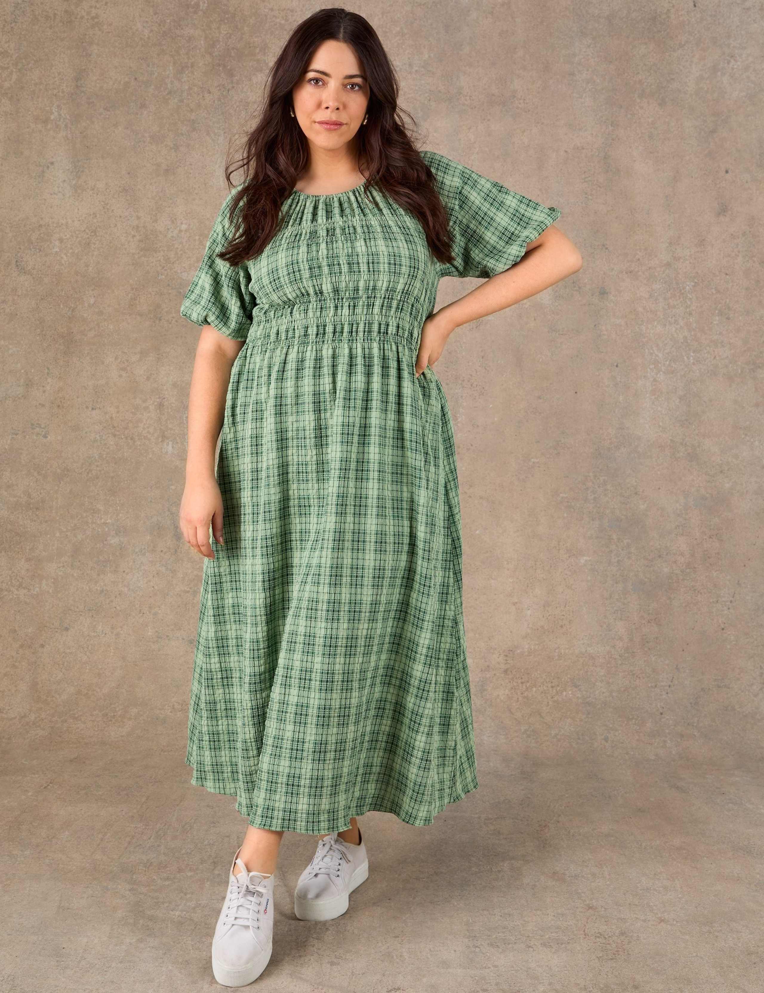 Cotton Rich Checked Maxi Shirred Dress 2 of 4