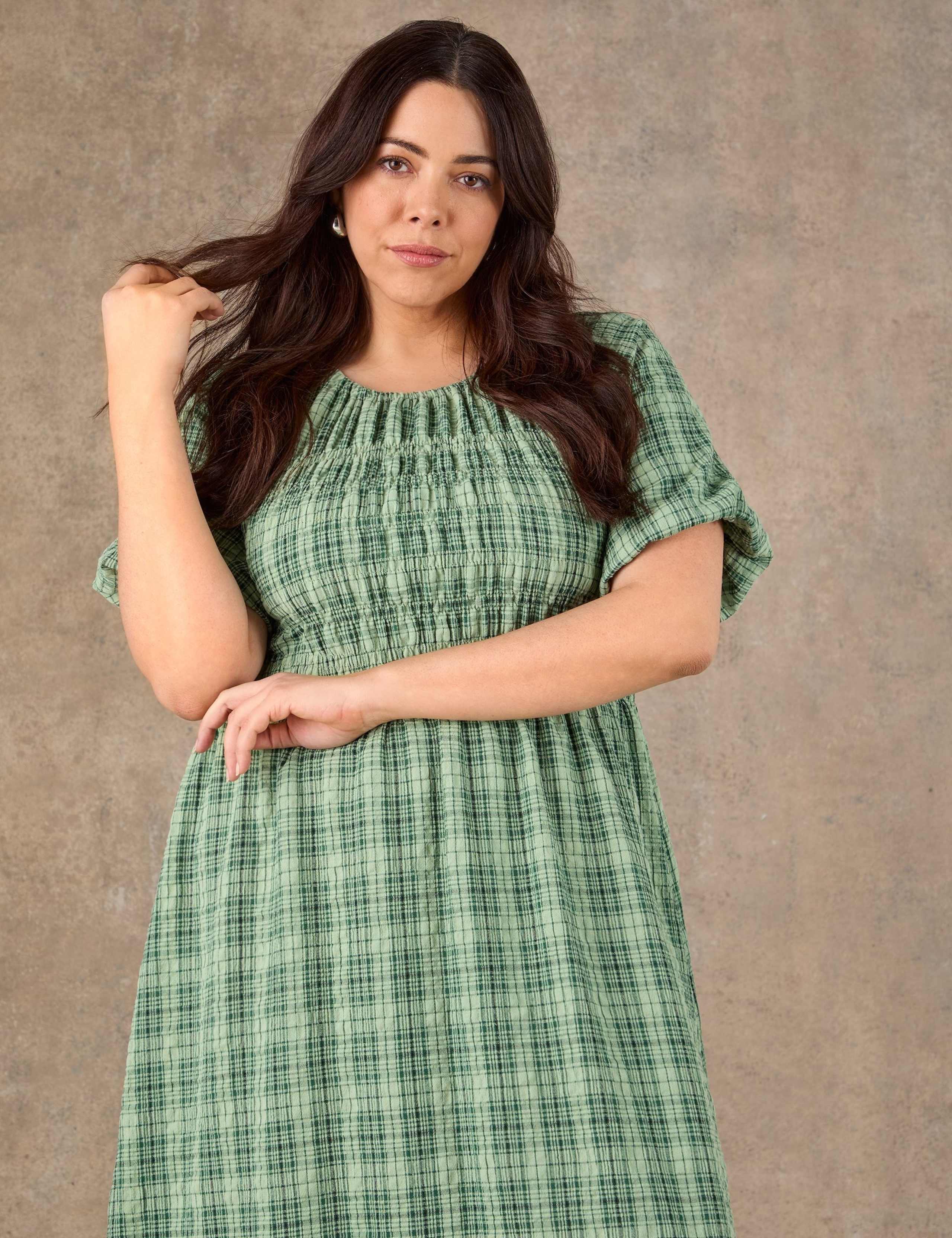 Cotton Rich Checked Maxi Shirred Dress 3 of 4