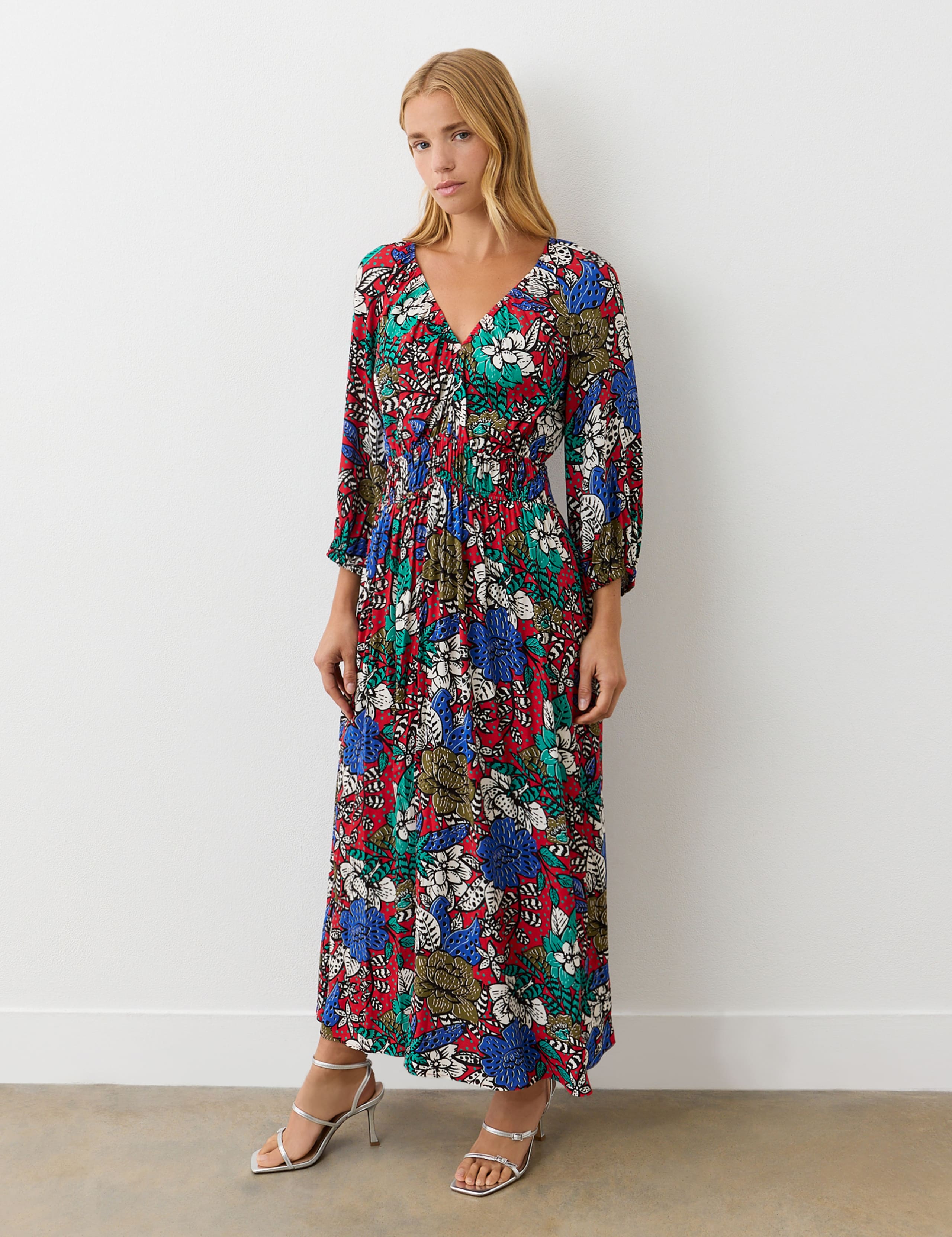 Crepe Floral V-Neck Midi Waisted Dress 2 of 4