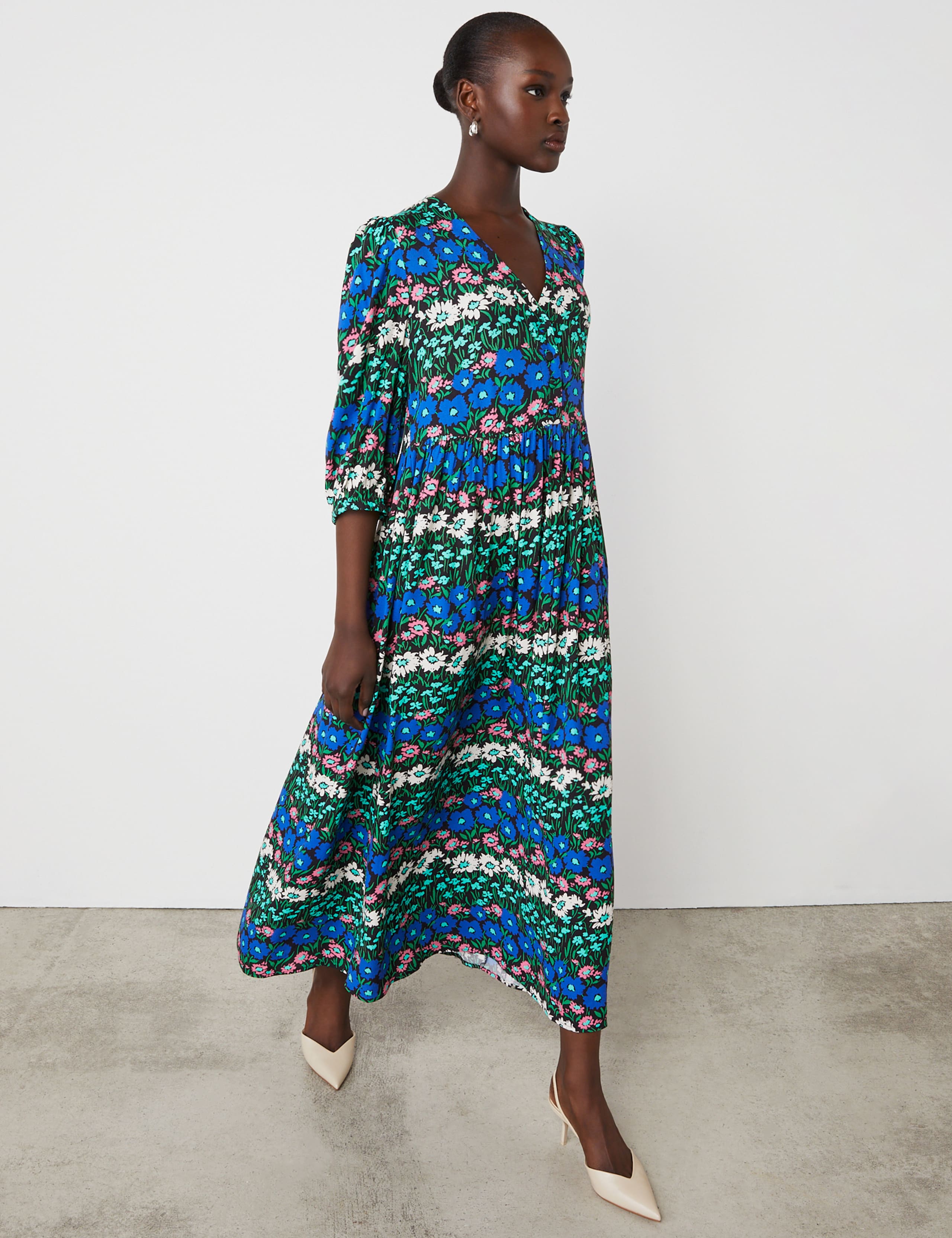 Crepe Floral V-Neck Midi Waisted Dress 3 of 4