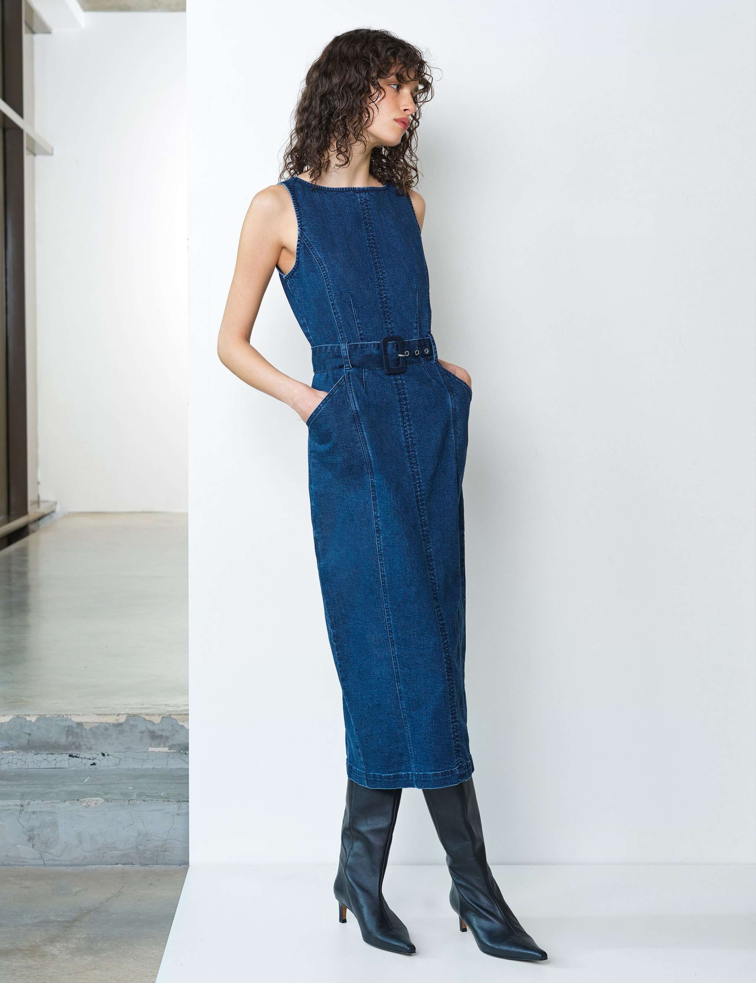 Denim Slash Neck Belted Midi Column Dress 1 of 6