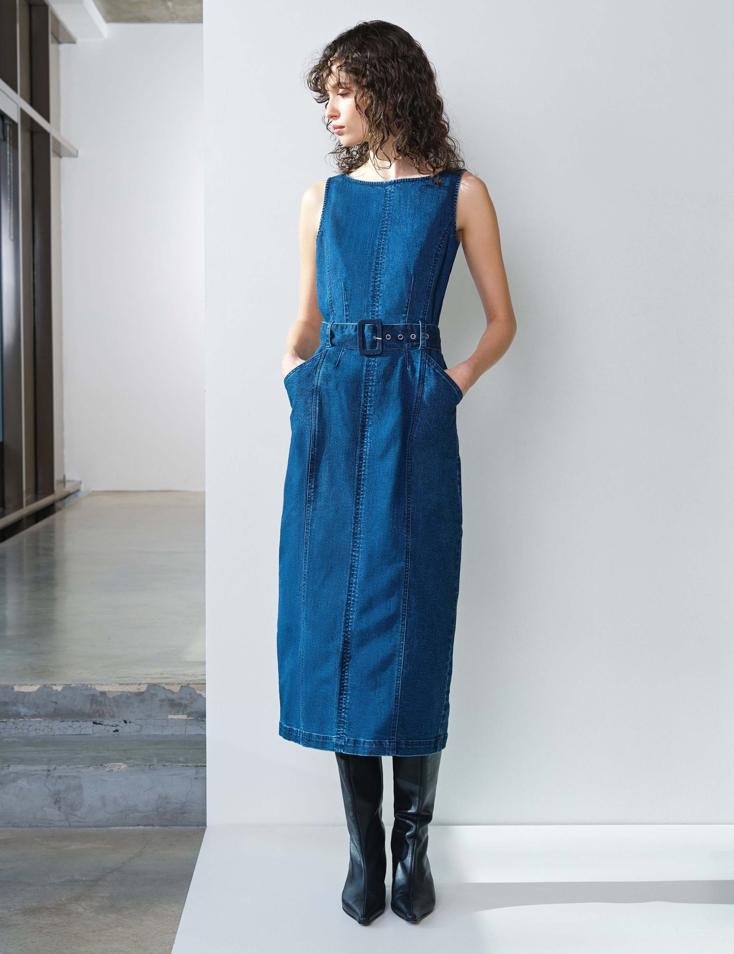Denim Slash Neck Belted Midi Column Dress 3 of 6