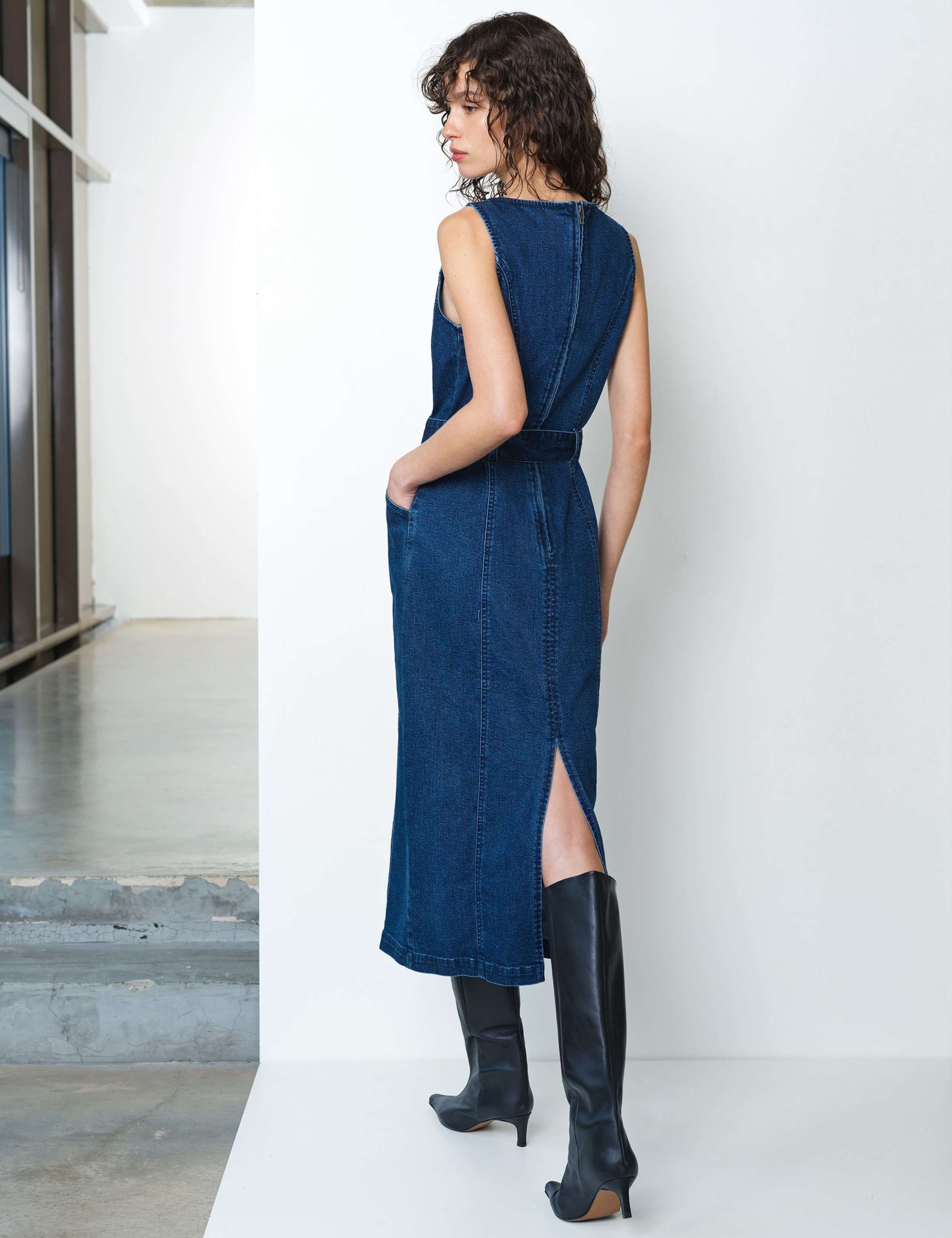 Denim Slash Neck Belted Midi Column Dress 4 of 6