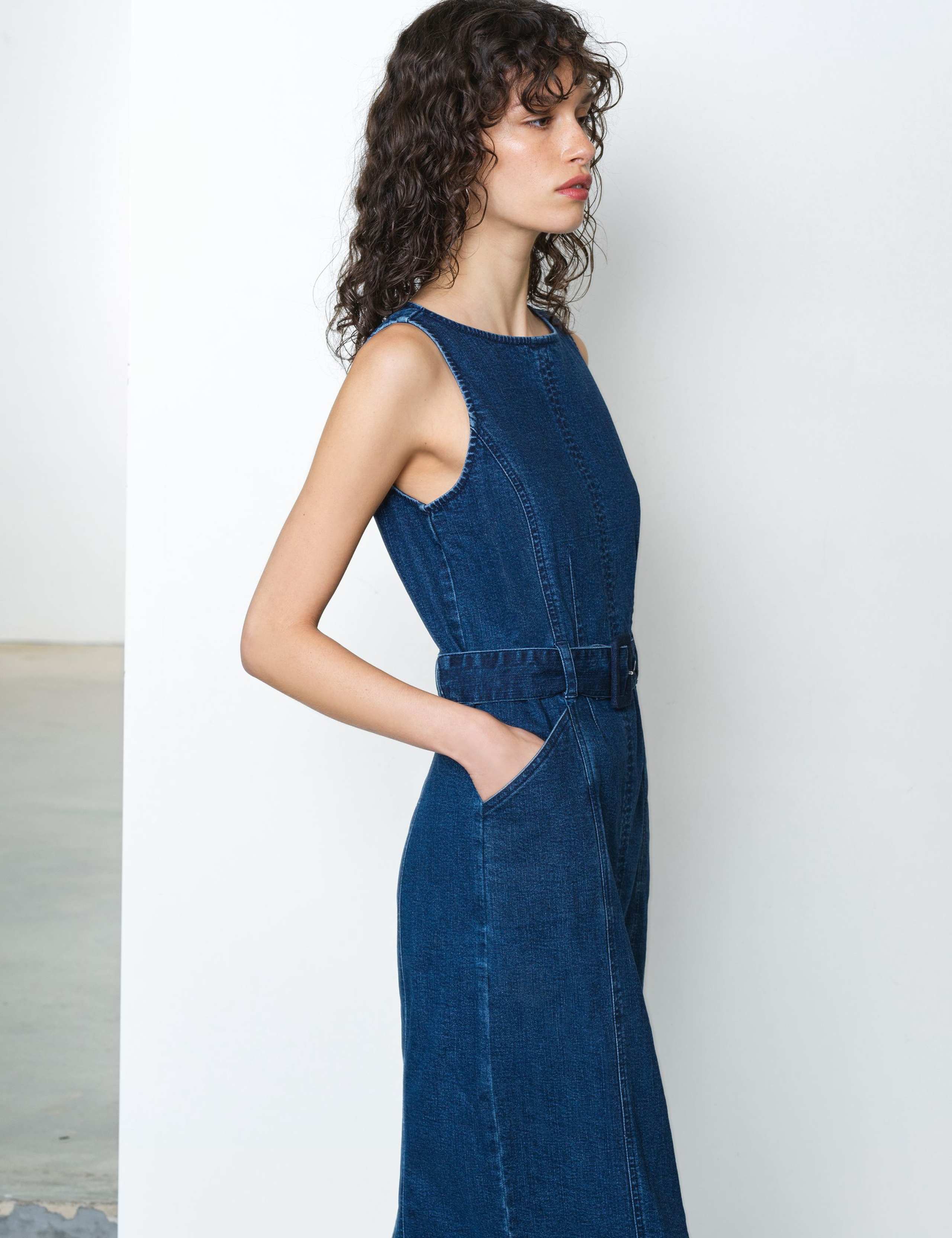 Denim Slash Neck Belted Midi Column Dress 5 of 6