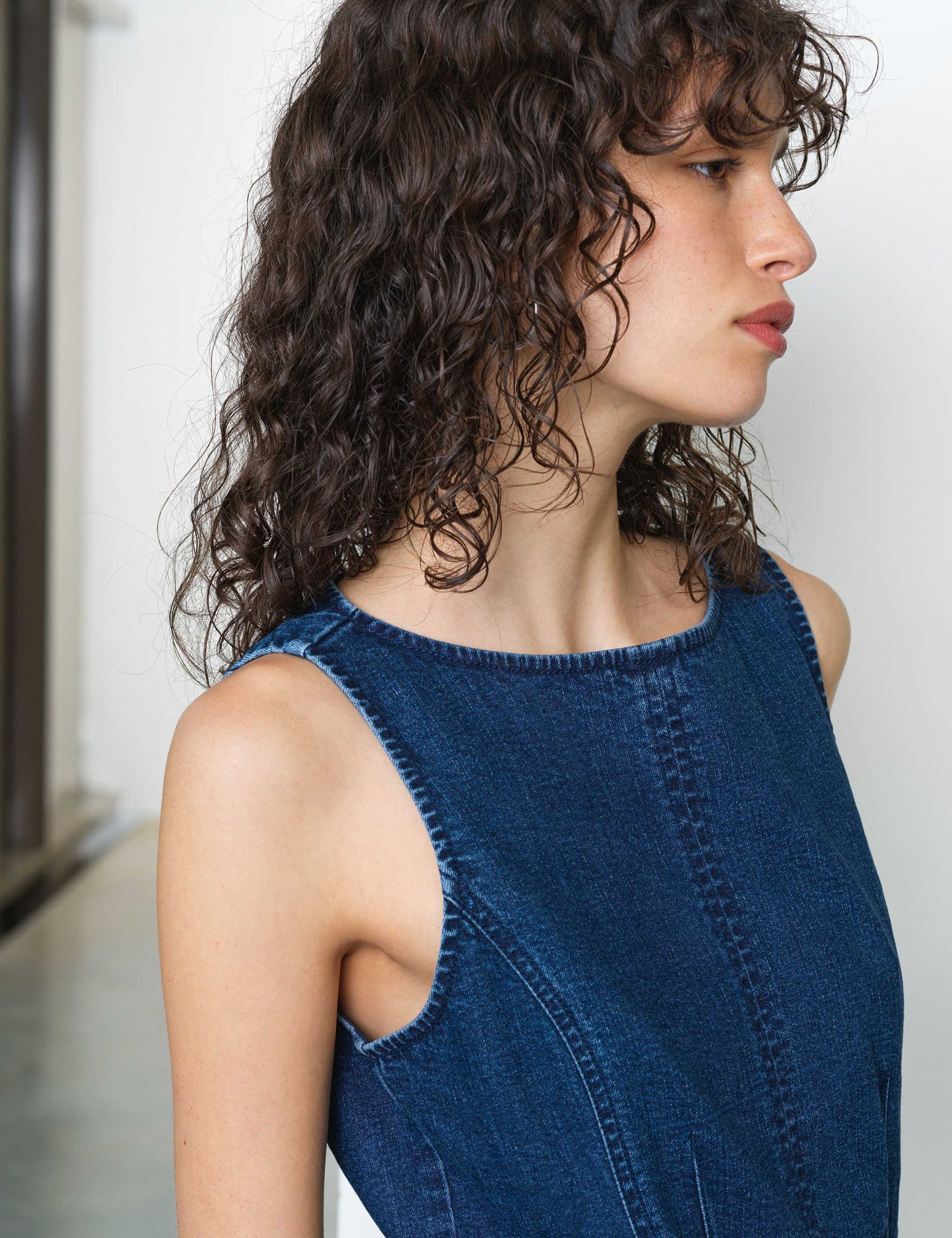 Denim Slash Neck Belted Midi Column Dress 6 of 6