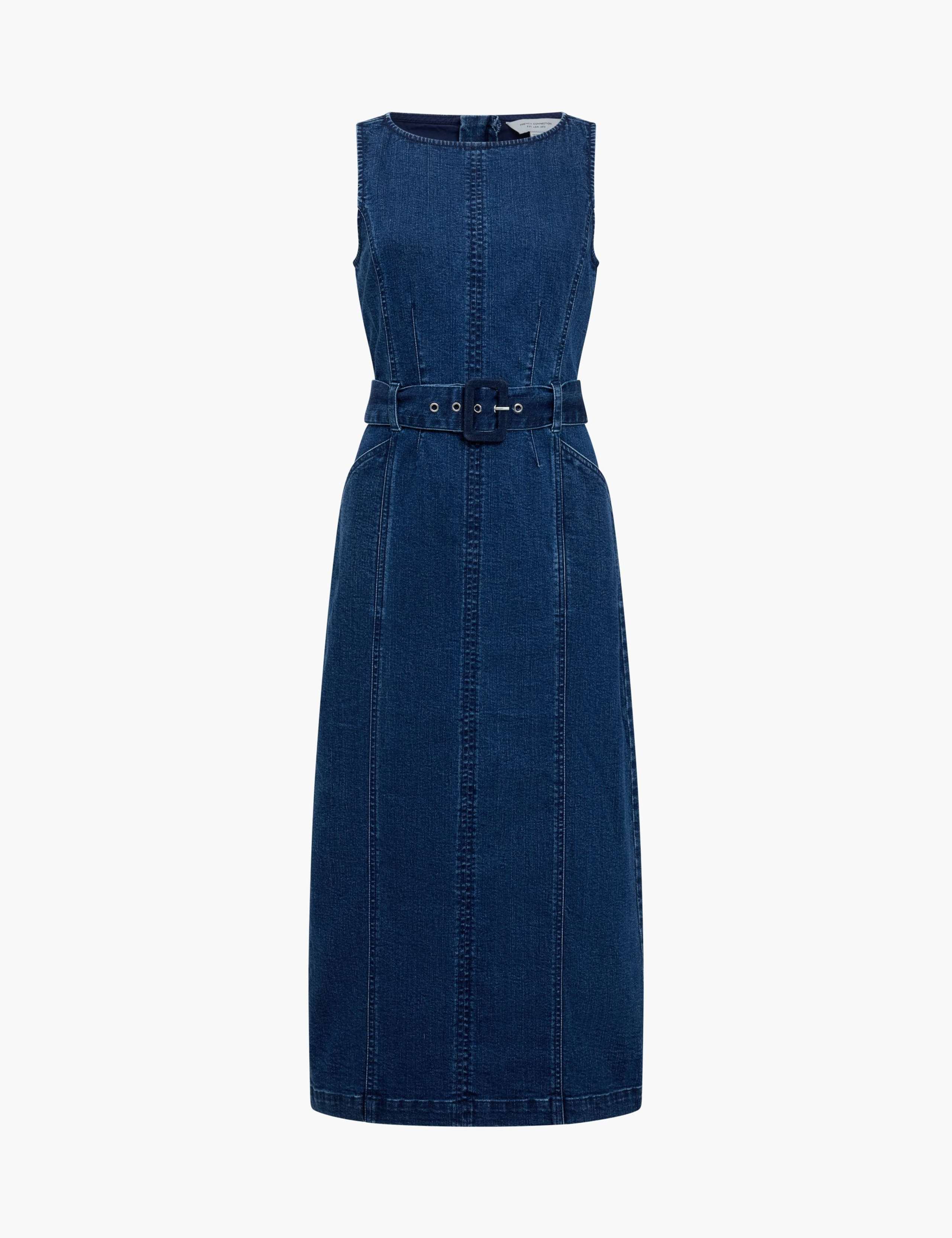 Denim Slash Neck Belted Midi Column Dress 2 of 6