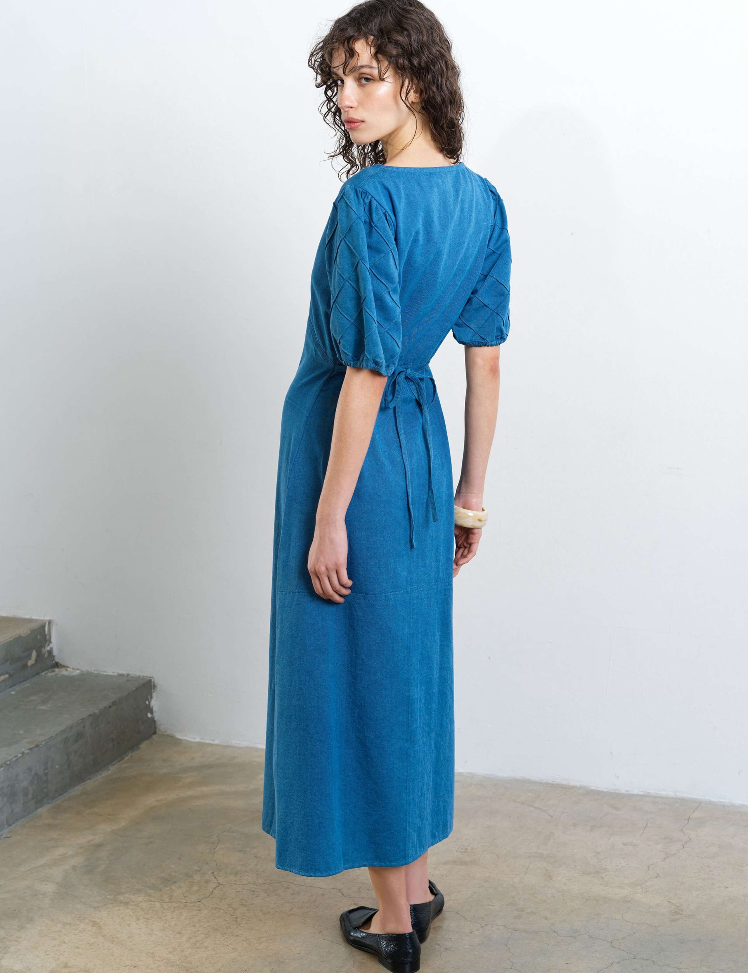 Pure Cotton Chambray Puff Sleeve Midi Dress 4 of 6