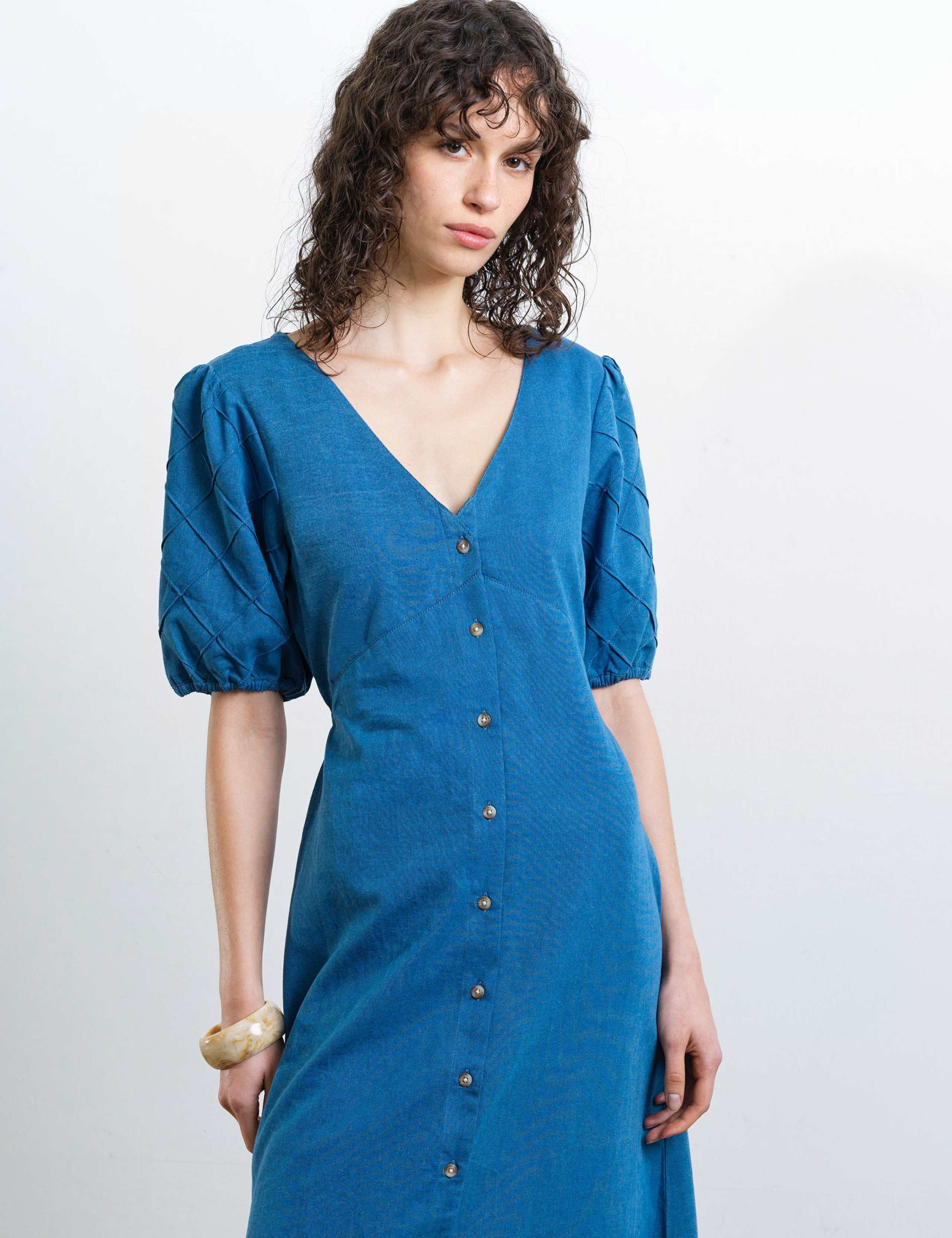 Pure Cotton Chambray Puff Sleeve Midi Dress 5 of 6