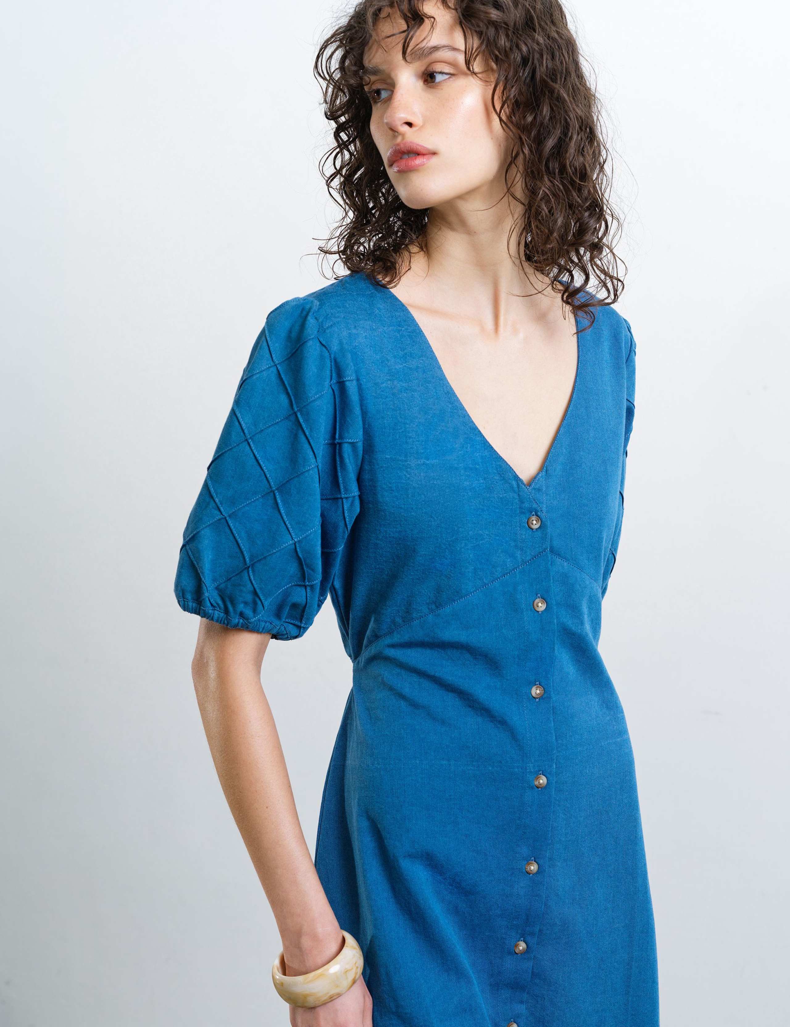 Pure Cotton Chambray Puff Sleeve Midi Dress 6 of 6